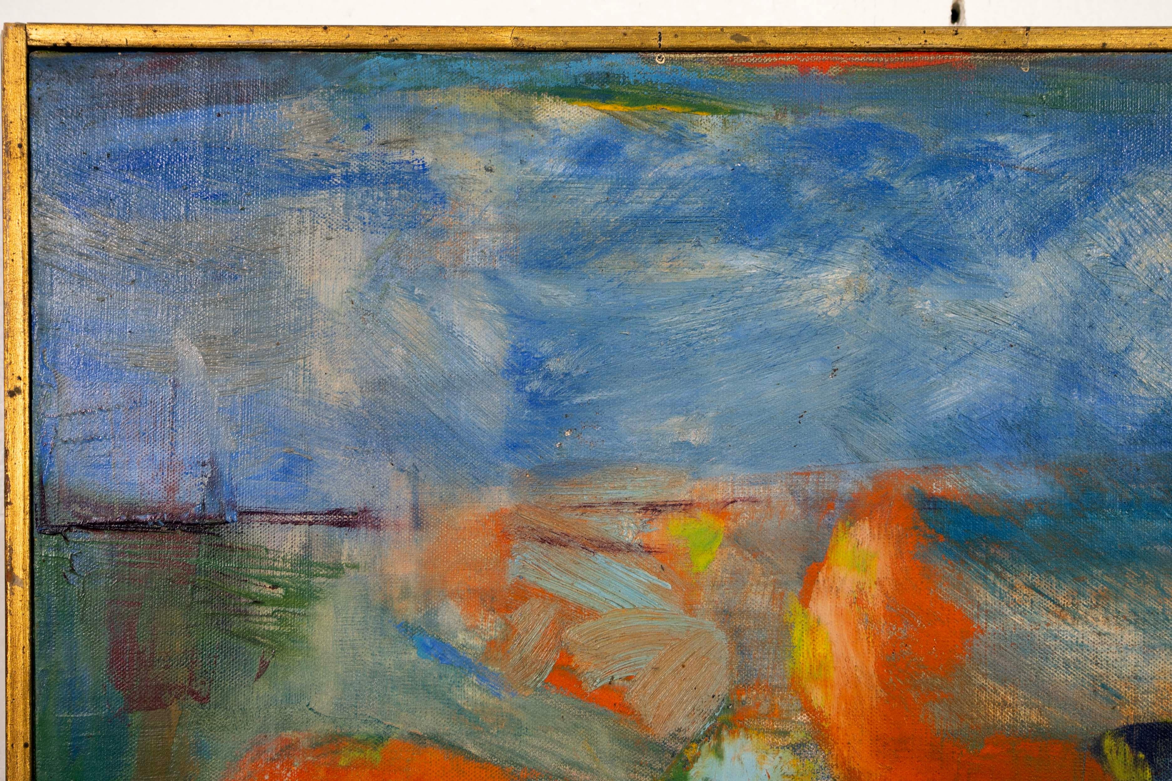 Toile John Thomas Nature morte bleue et orange Signée Peinture à l'huile moderne sur toile 1958 en vente