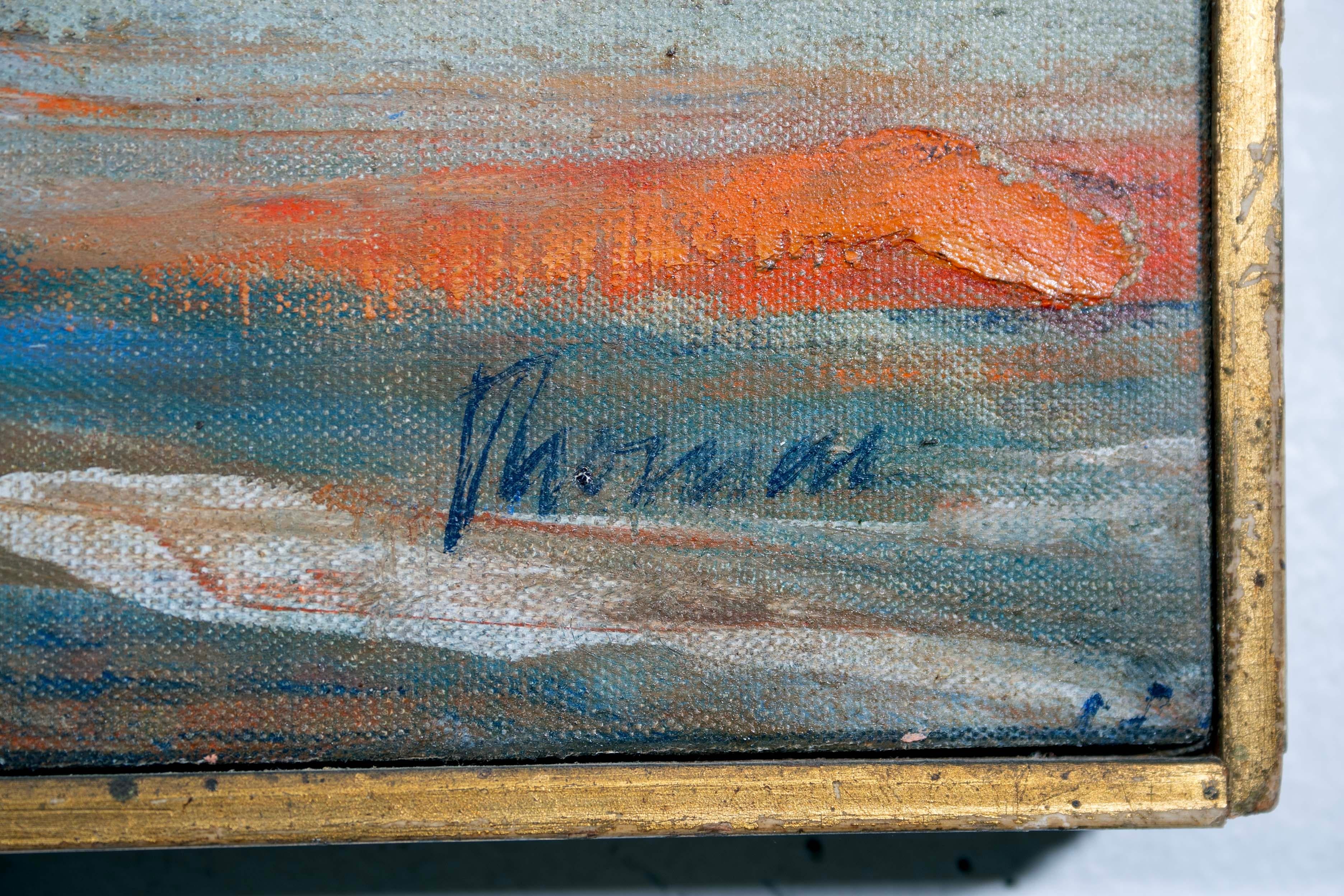 John Thomas Nature morte bleue et orange Signée Peinture à l'huile moderne sur toile 1958 en vente 2