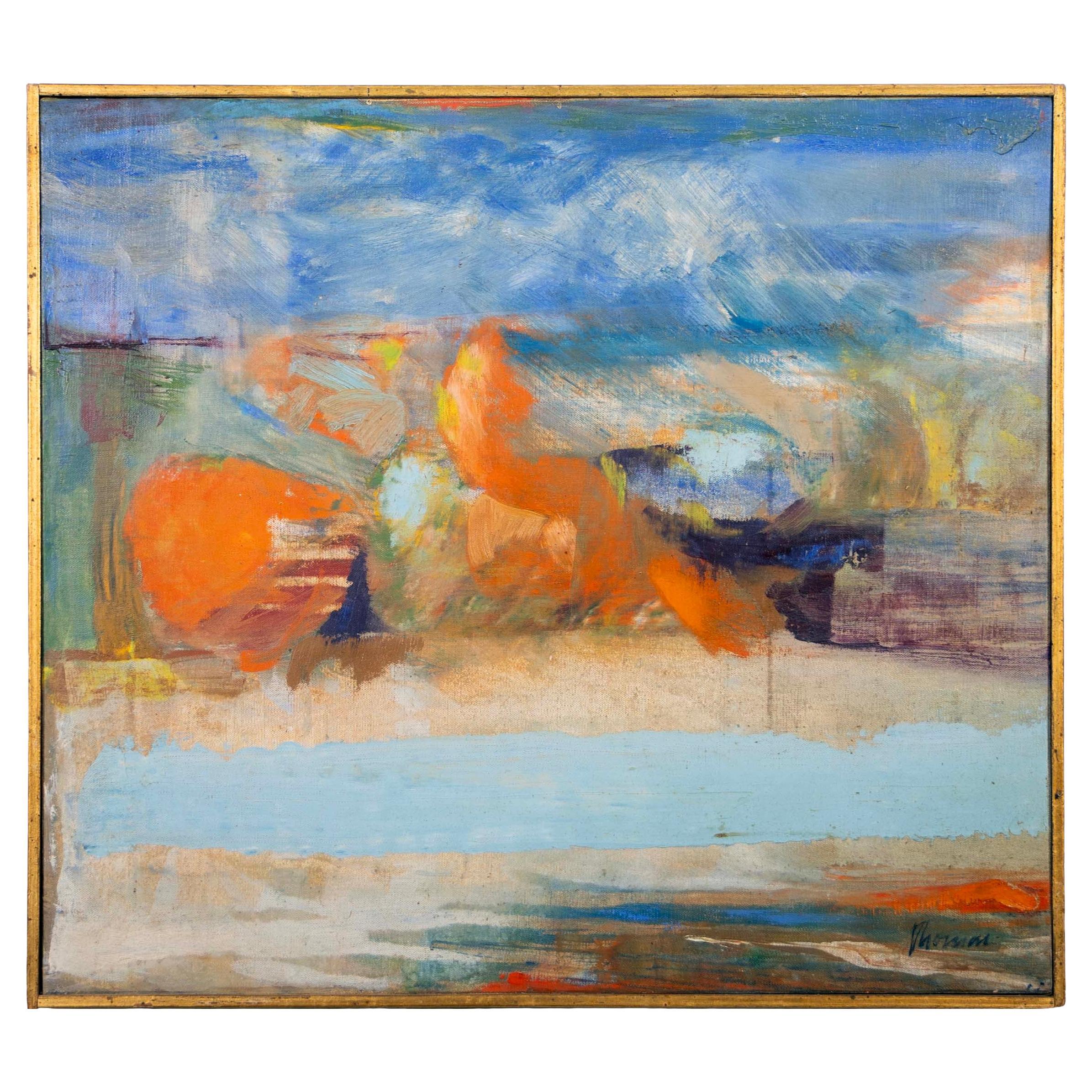 John Thomas Blue and Orange Still Life Signed Modern Oil Painting on Canvas 1958