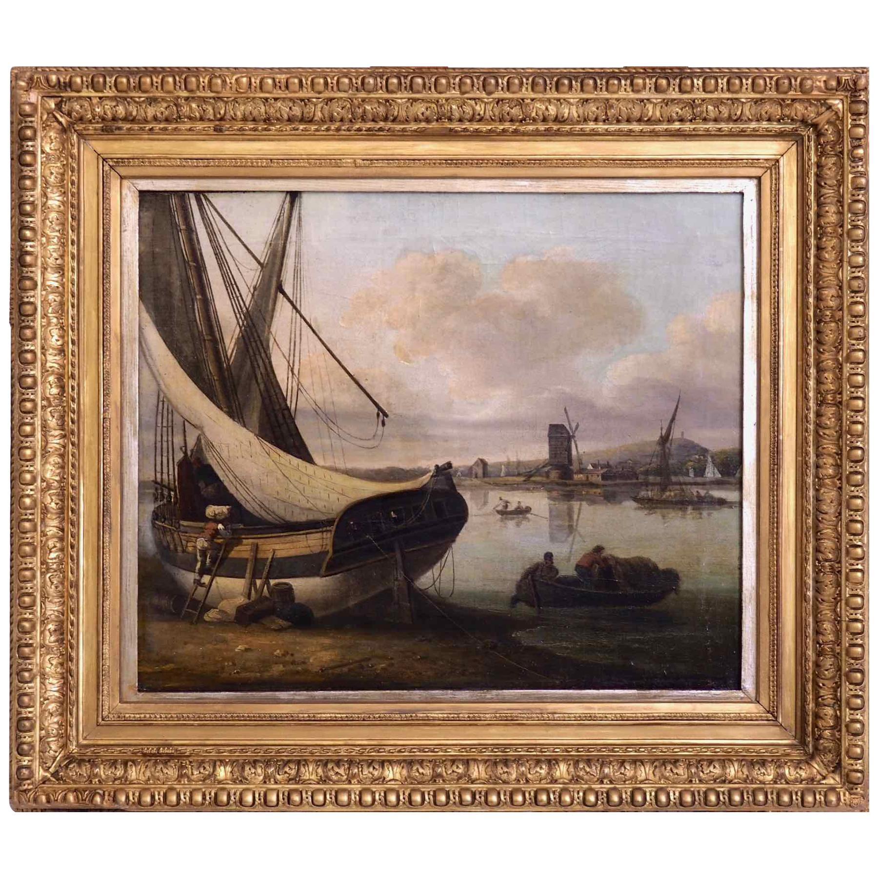 John Thomas Serres, Fine Harbour Painting, Signed, 19th Century For Sale