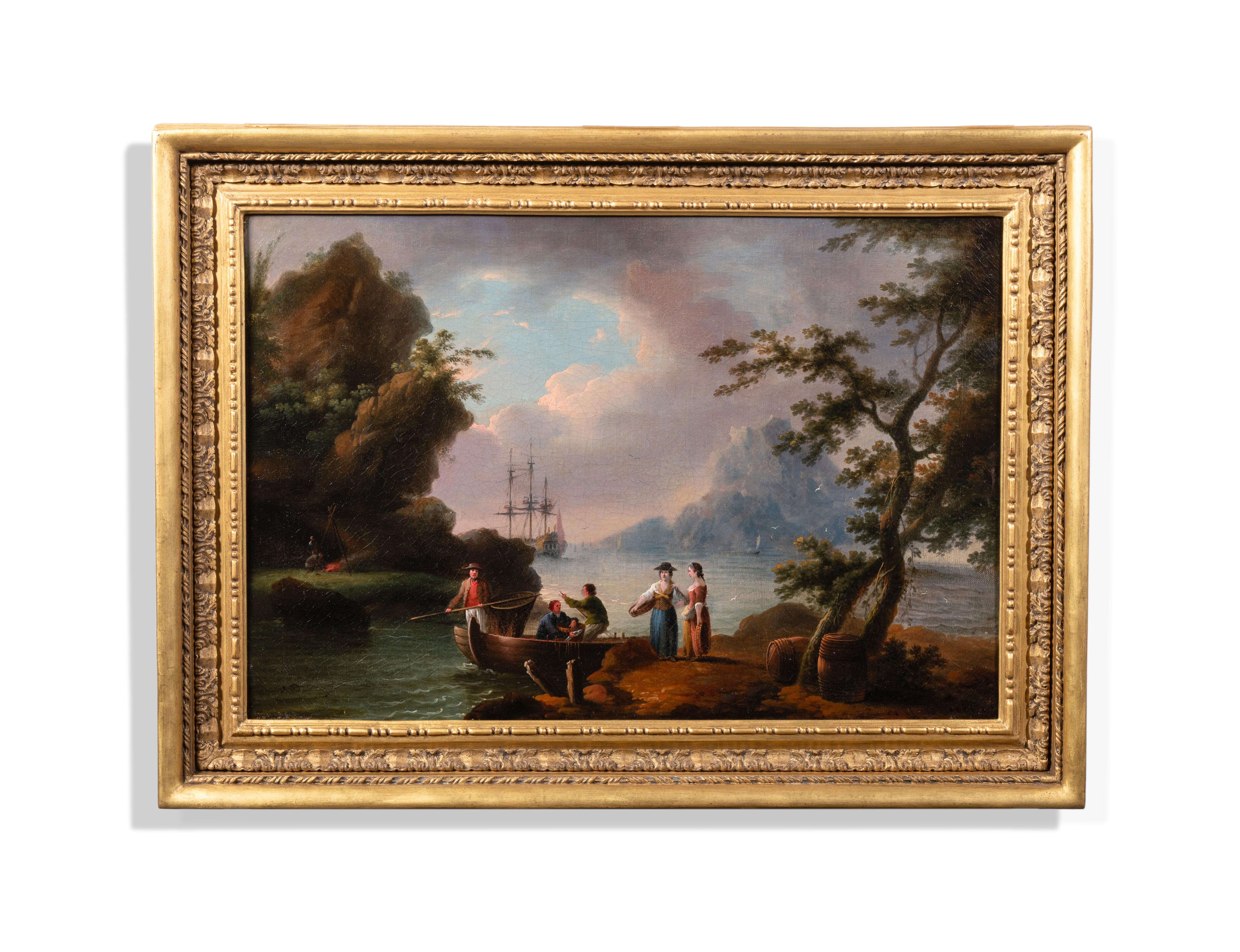 John Thomas Serres Landscape Painting - Fisherfolk unloading the days catch