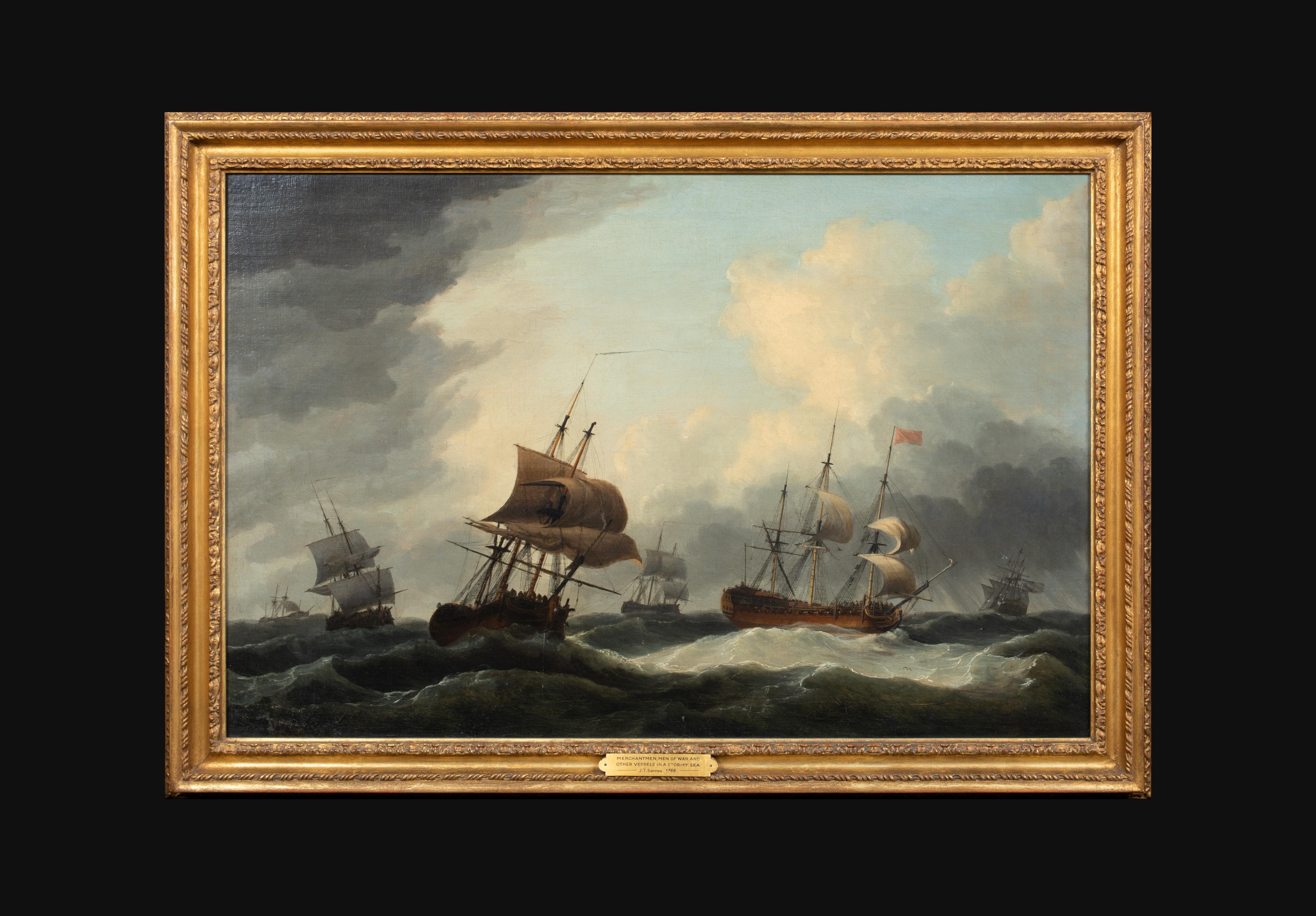 Merchantmen, Men O'war and other vessels in a stormy sea, 18th Century - Painting by John Thomas Serres