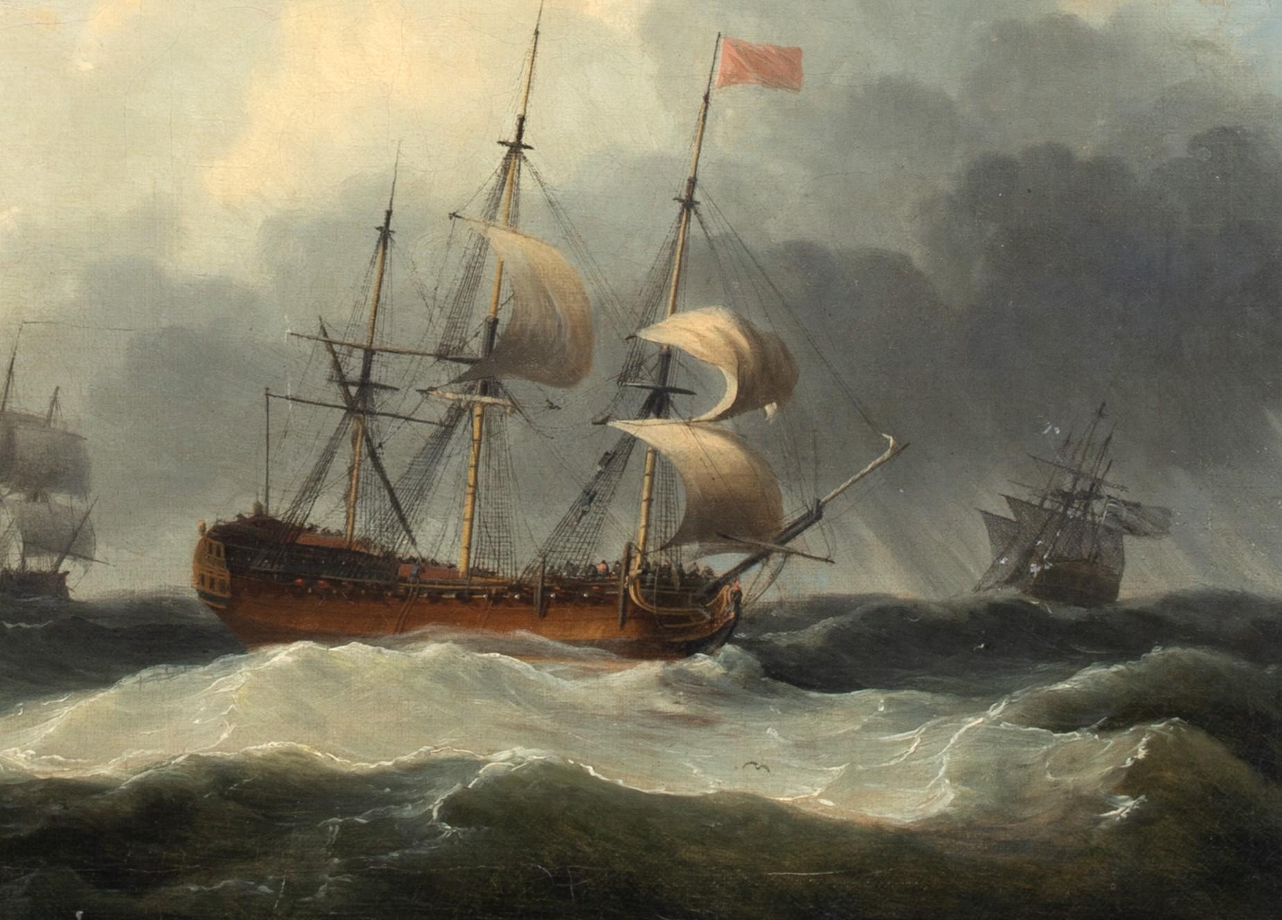 Merchantmen, Men O'war and other vessels in a stormy sea, 18th Century

by JOHN THOMAS SERRES (1759-1825)

Large 18th century British Royal Navy merchant ship, Man O War and other vessels in a swell, oil on canvas by John Thomas Serres. Excellent