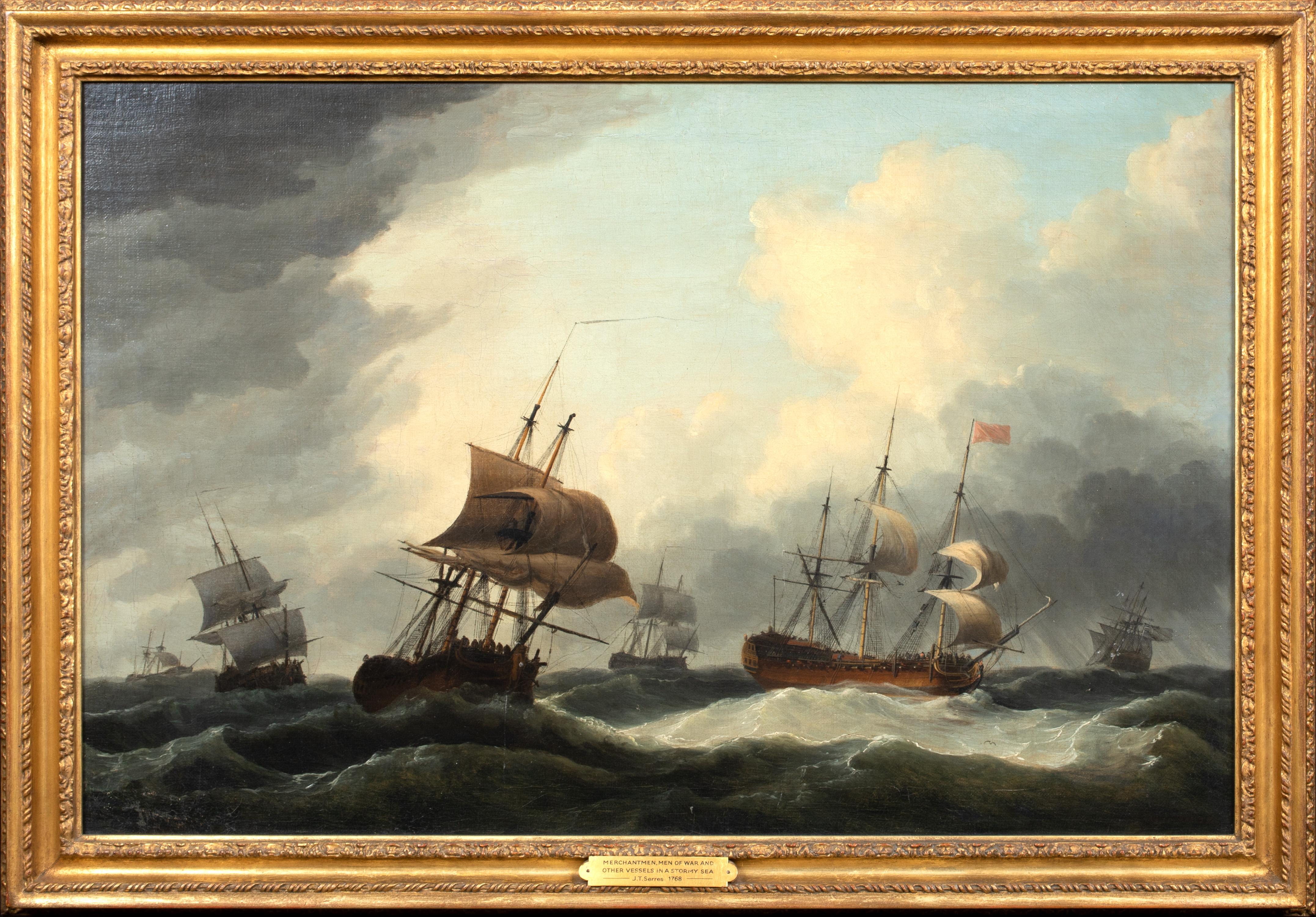 John Thomas Serres Portrait Painting - Merchantmen, Men O'war and other vessels in a stormy sea, 18th Century