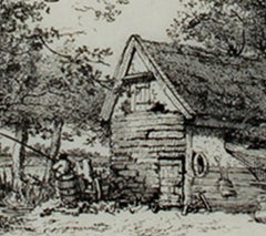18th century landscape etching pastoral house nature scene detailed ink trees