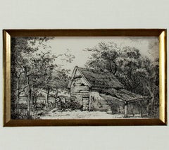 Paisaje del siglo XVIII grabado casa pastoral escena de la naturaleza árboles detallados tinta