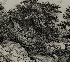 18th century landscape etching pastoral house nature scene detailed ink trees