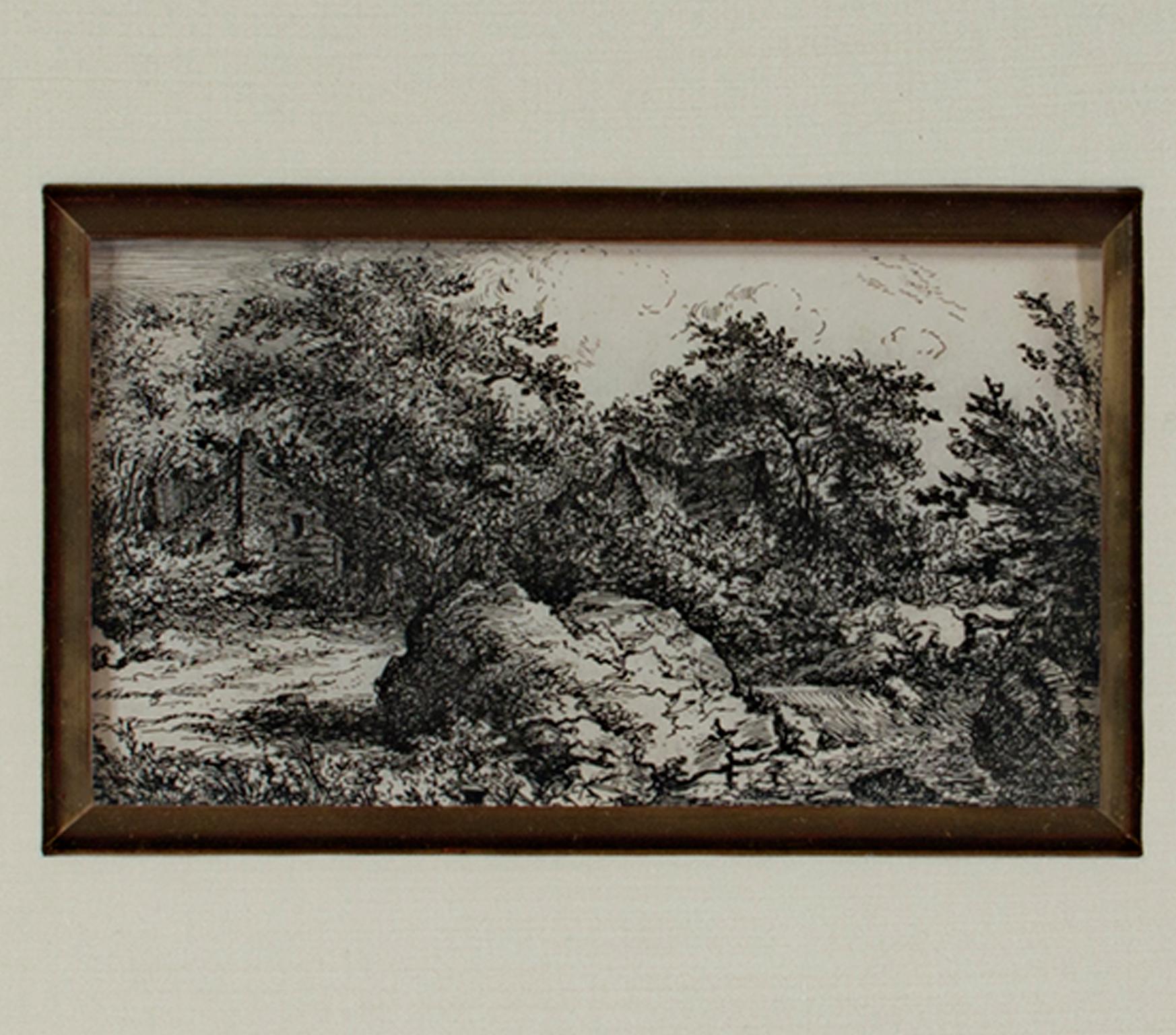 Incisione paesaggistica del XVIII secolo, casa pastorale, scena di natura, alberi dettagliati con inchiostro