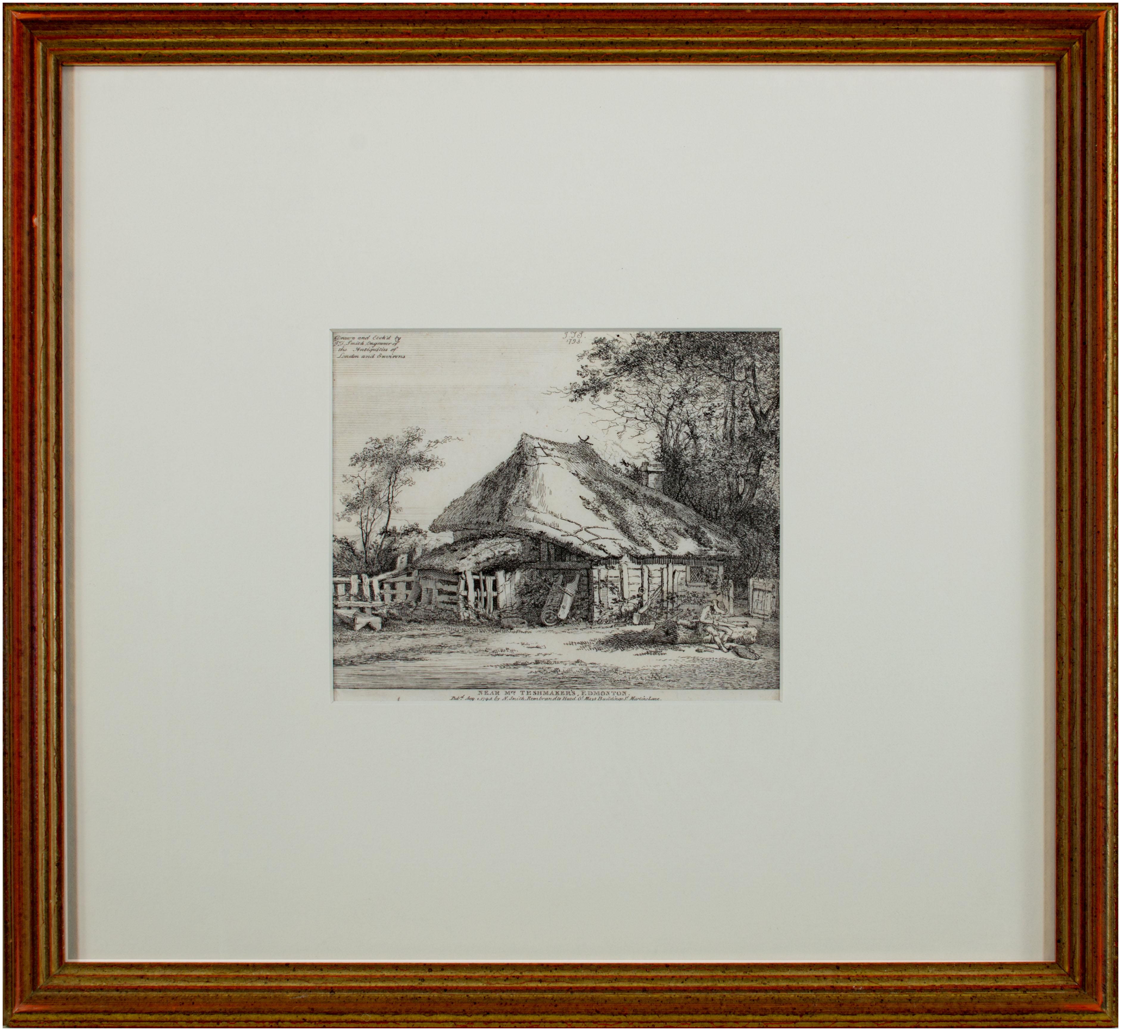 The present is one of the many prints John Thomas Smith produced of English cottages and vernacular architecture. This example, a view of a cottage in Edmonton, is closely related to a series of 20 etchings that Smith would publish in 1797 under the