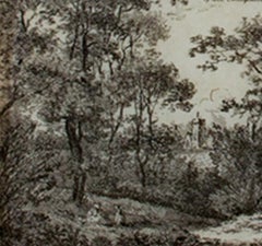 18th century landscape etching pastoral nature scene detailed ink trees