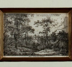  18th century landscape etching pastoral nature scene detailed ink trees
