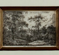 Paisaje del siglo XVIII grabado escena de naturaleza pastoral árboles detallados tinta