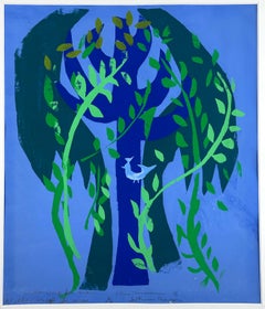 Willow Weep for Me (Abstract Cubist Willow Tree Landscape w/ Bird)
