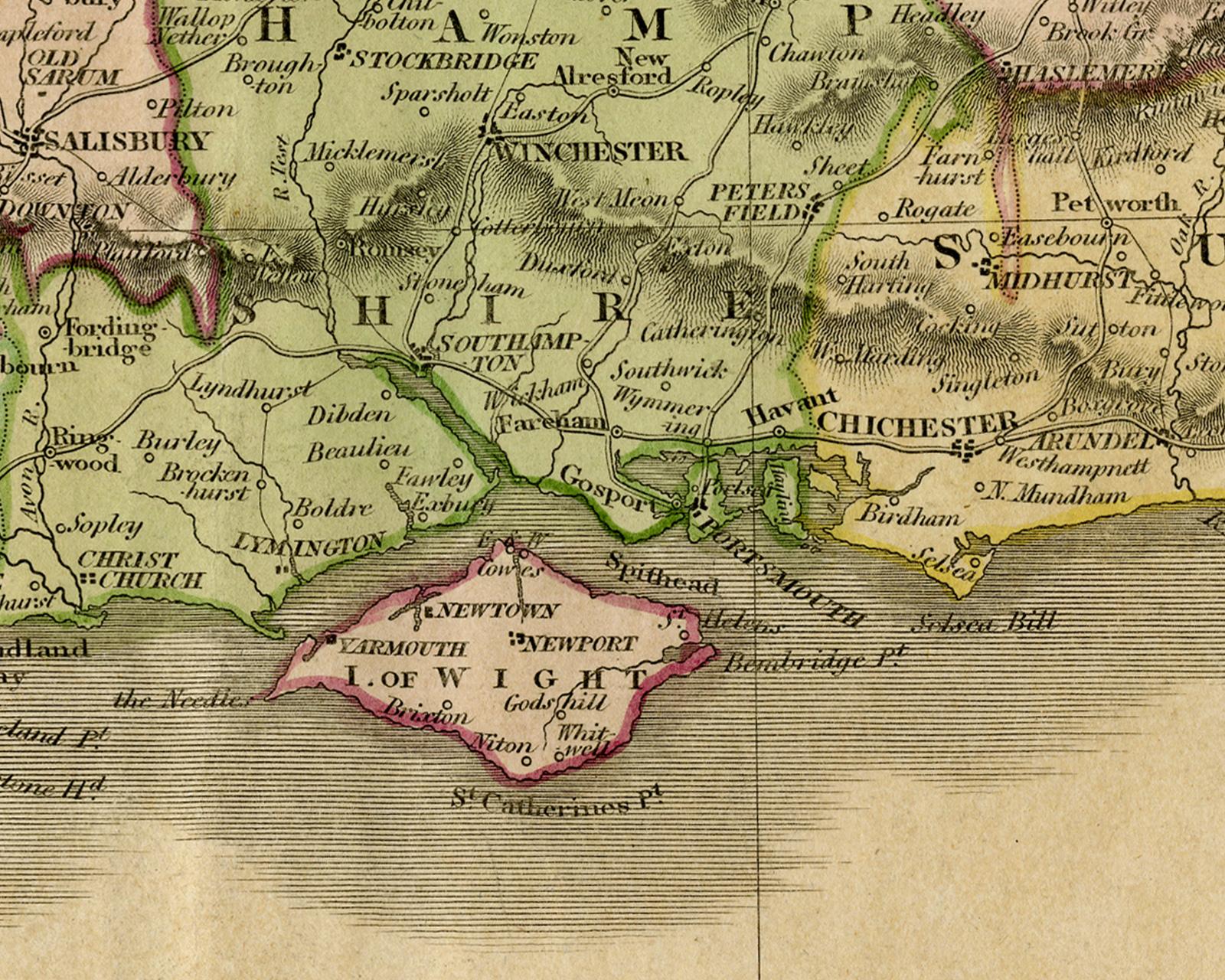 Antique map of the south of England by Thomson - Handcol. engraving - 19th c. For Sale 5