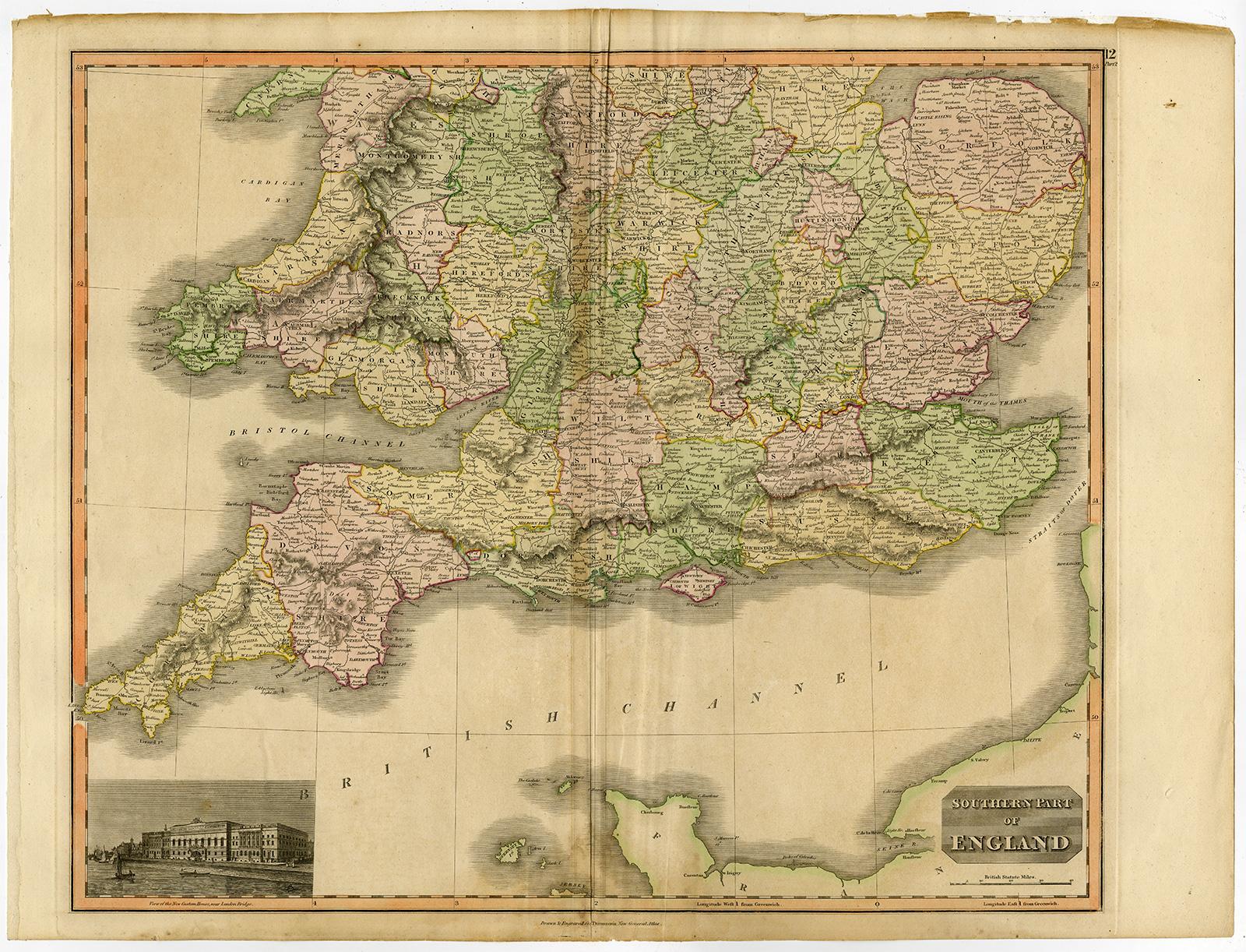 Antique map of the south of England by Thomson - Handcol. engraving - 19th c. - Print by John Thomson