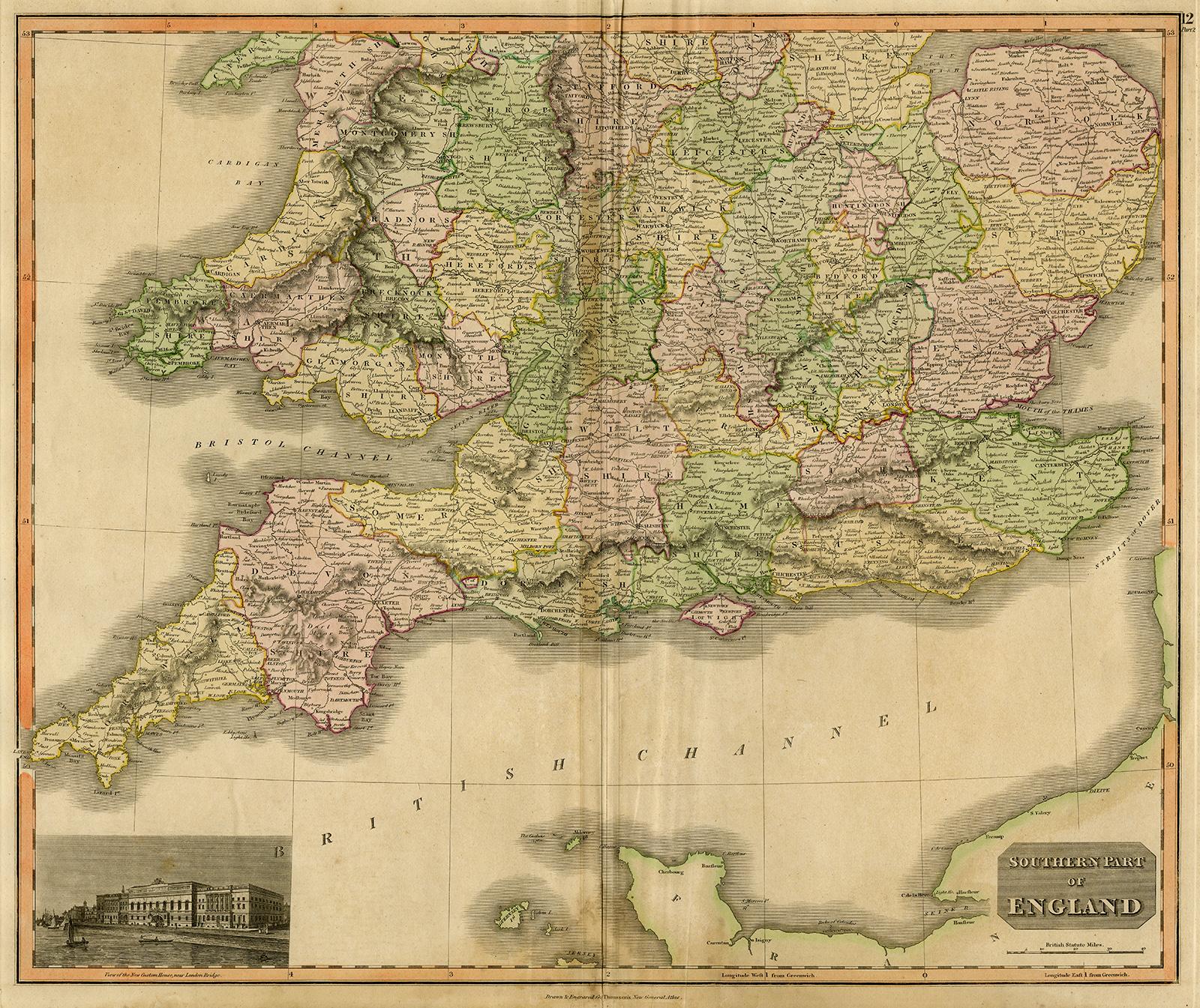 John Thomson Print - Antique map of the south of England by Thomson - Handcol. engraving - 19th c.