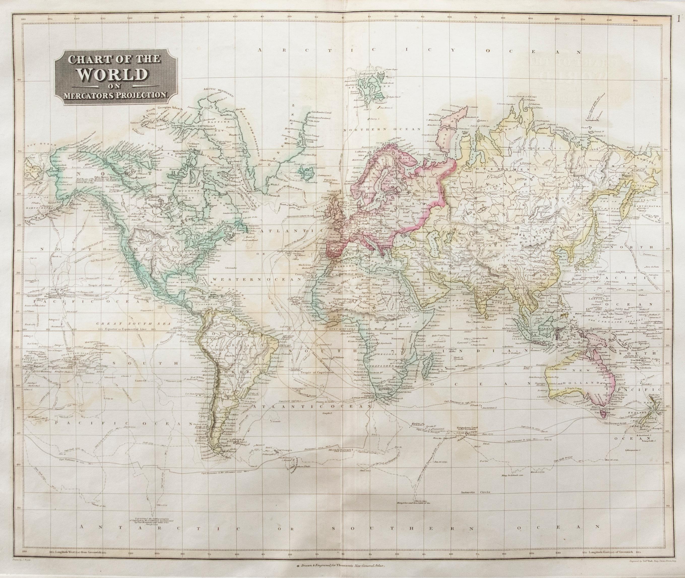 Eine schöne gestochene Karte der Welt auf Mercator-Projektion, aus der zweiten Ausgabe von John Thomsons "New General Atlas" im Jahr 1830 veröffentlicht. Auf dem Papier.