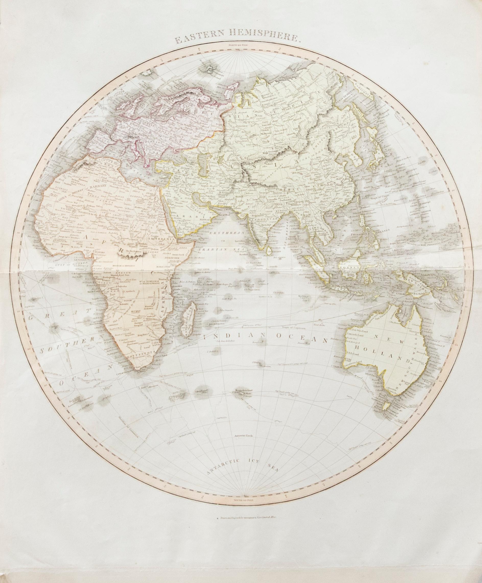 A fine engraved map of the Eastern Hemisphere of Earth, from the second edition of John Thomson's 'New General Atlas' published in 1830. On paper.