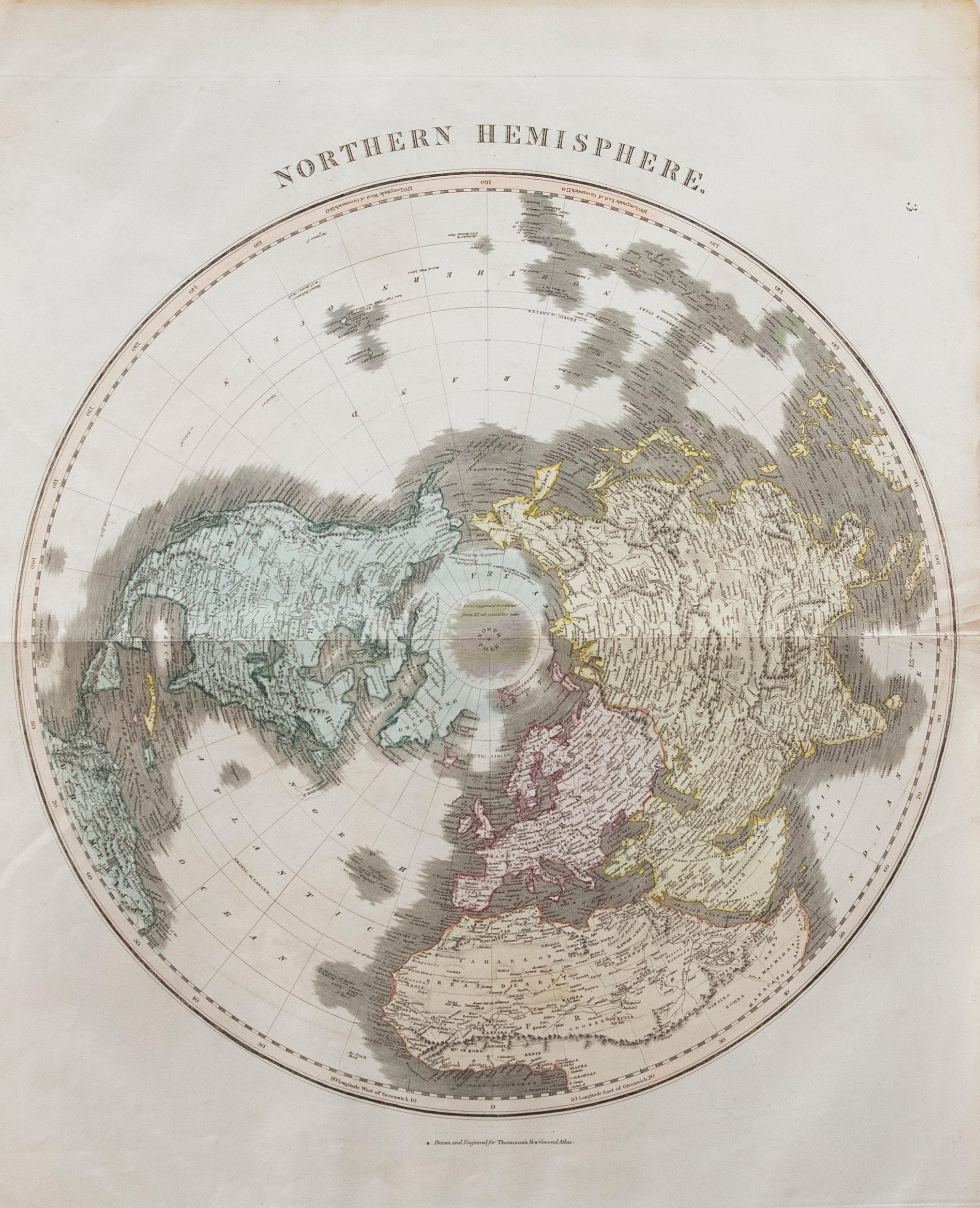 Belle carte gravée de l'hémisphère nord, tirée de la deuxième édition du "New General Atlas" de John Thomson, publiée en 1830. Sur le papier.