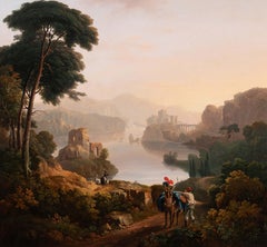 Un paesaggio all'italiana con un messaggero e il suo cavallo su un sentiero boscoso, un lago