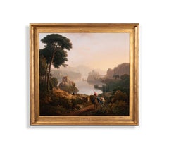 Un paesaggio all'italiana con un messaggero e il suo cavallo su un sentiero boscoso, un lago