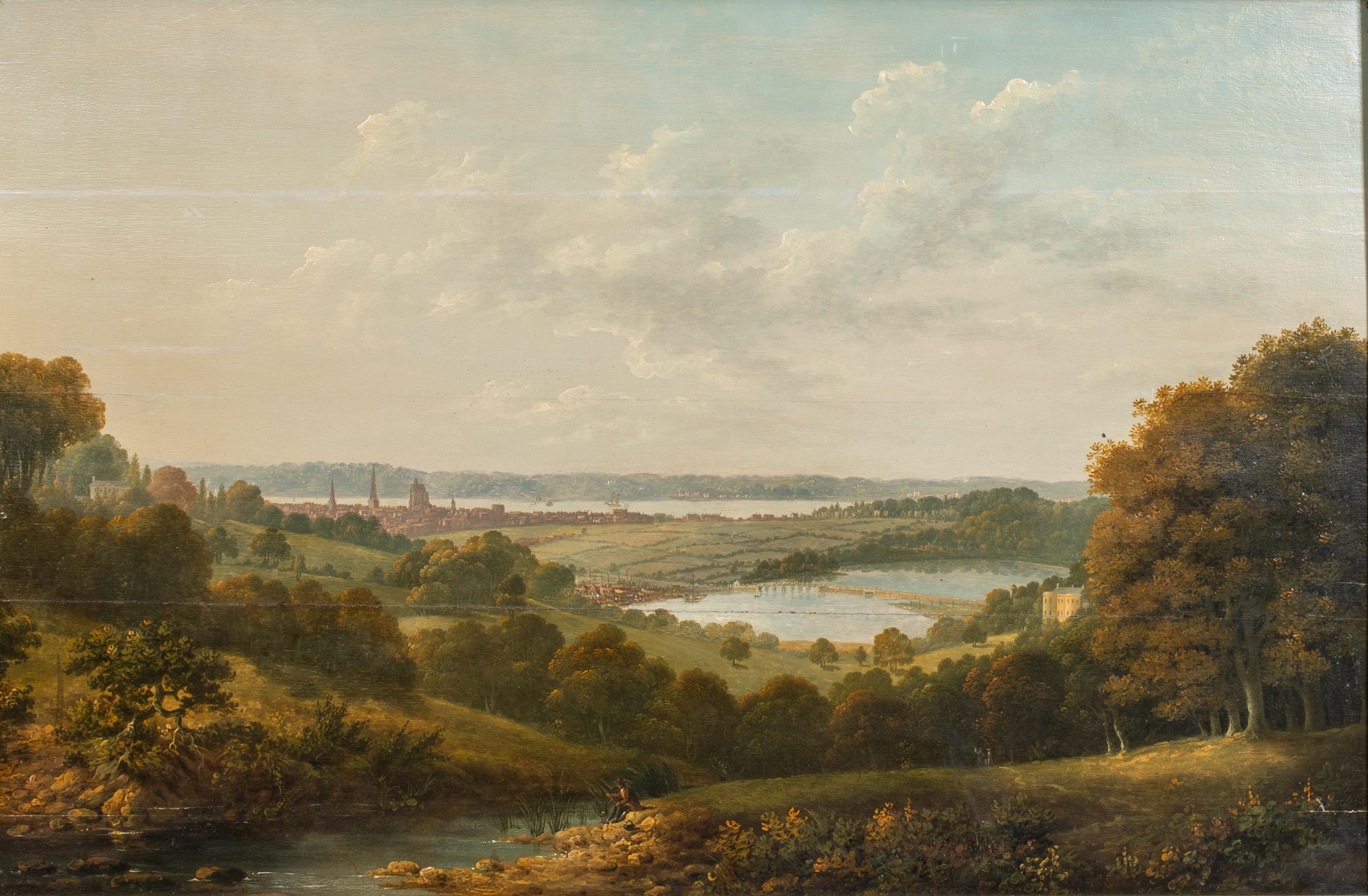 Vue de Southampton depuis la rivière Itchen et l'eau de Southampton à distance - Marron Landscape Painting par John Tobias Young