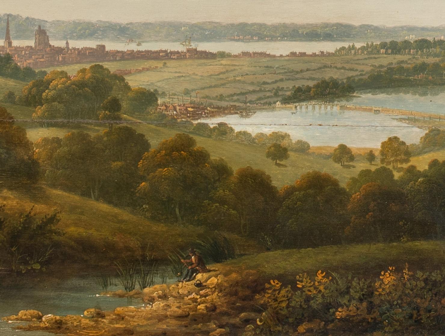 View Of Southampton From The River Itchen and Southampton Water In The Distance, circa 1800

by John Tobias Young (1755-1824)  - rare early view of Southampton

Large circa 1800 view of Southampton from the Rover Itchen, oil on panel by John Tobias