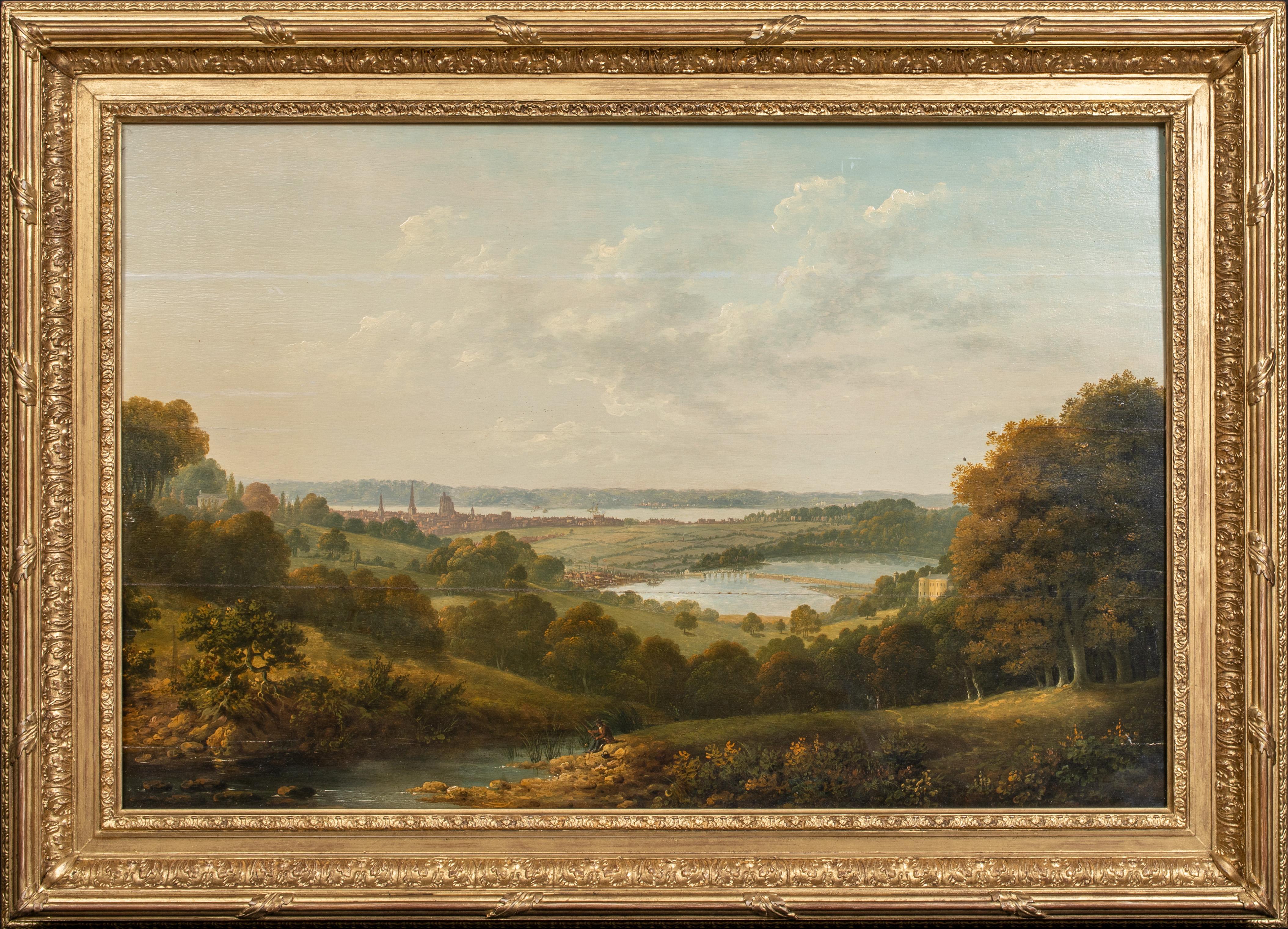 Landscape Painting John Tobias Young - Vue de Southampton depuis la rivière Itchen et l'eau de Southampton à distance