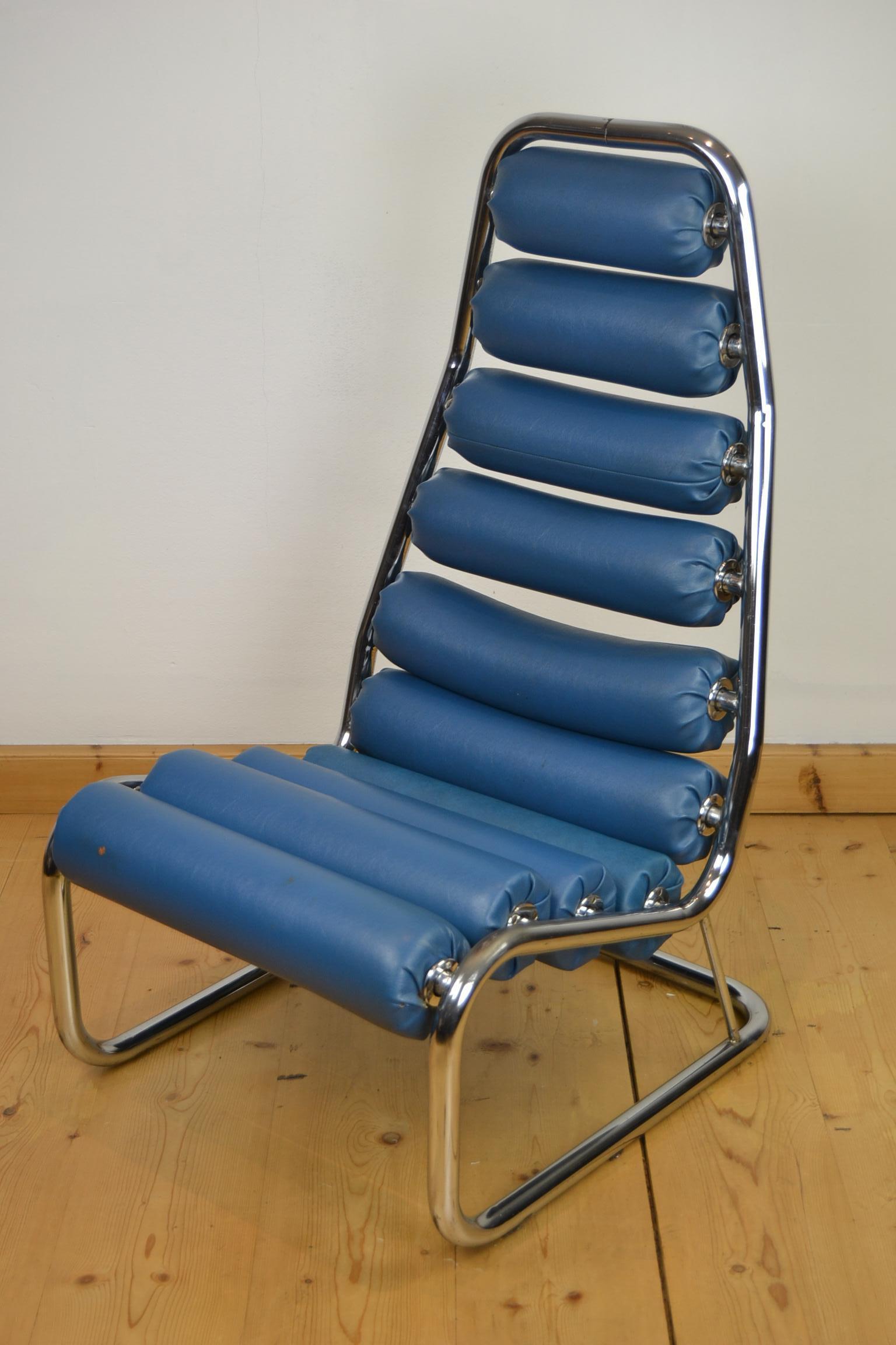 1970s Blue Club Chair with Rollers For Sale 5