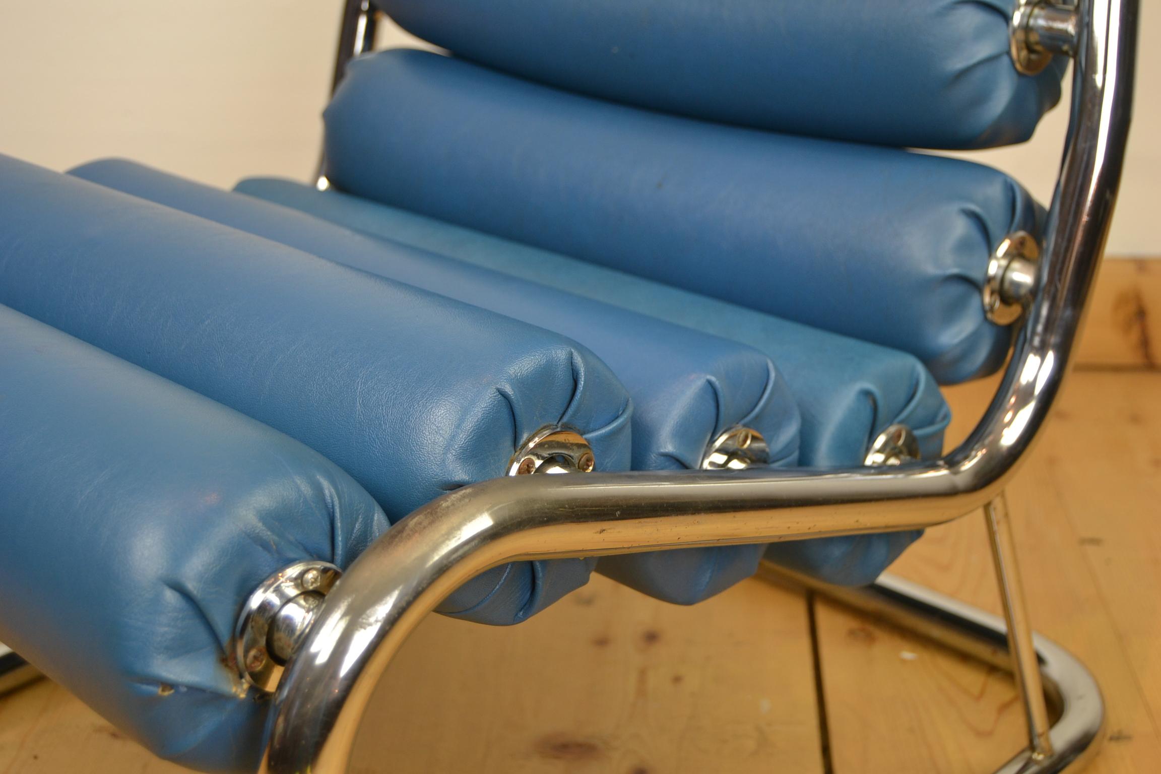 1970s Blue Club Chair with Rollers For Sale 7