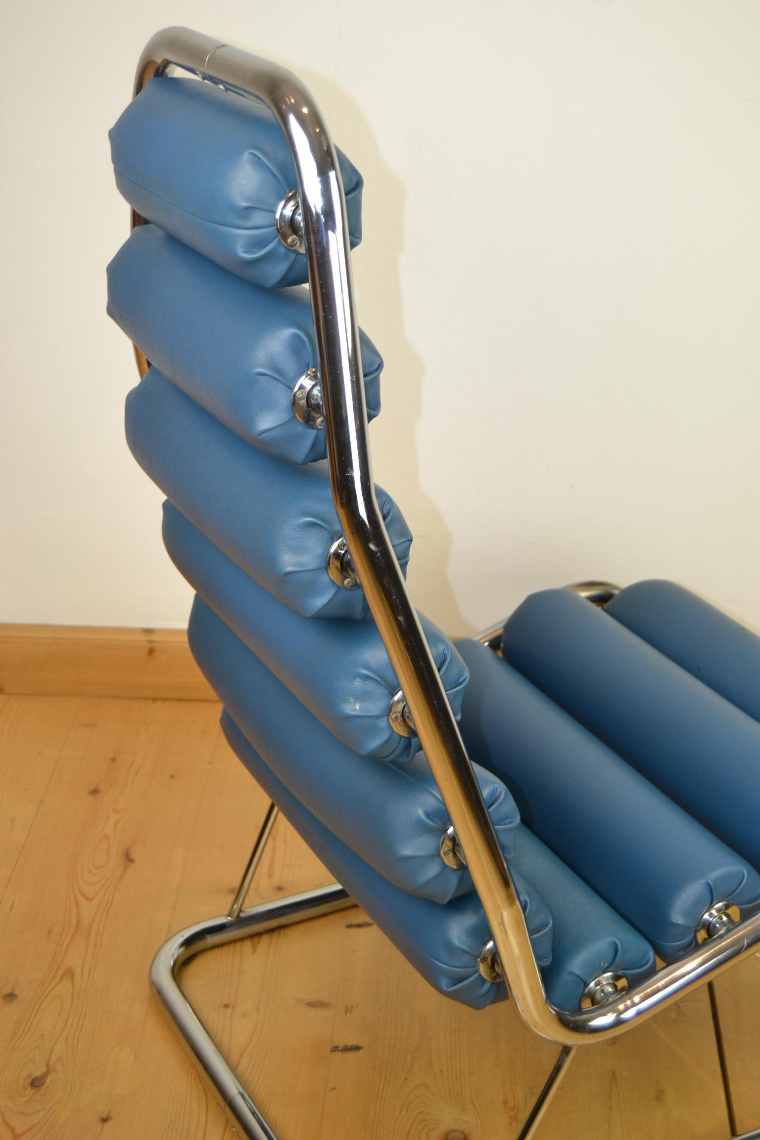 Faux Leather 1970s Blue Club Chair with Rollers For Sale