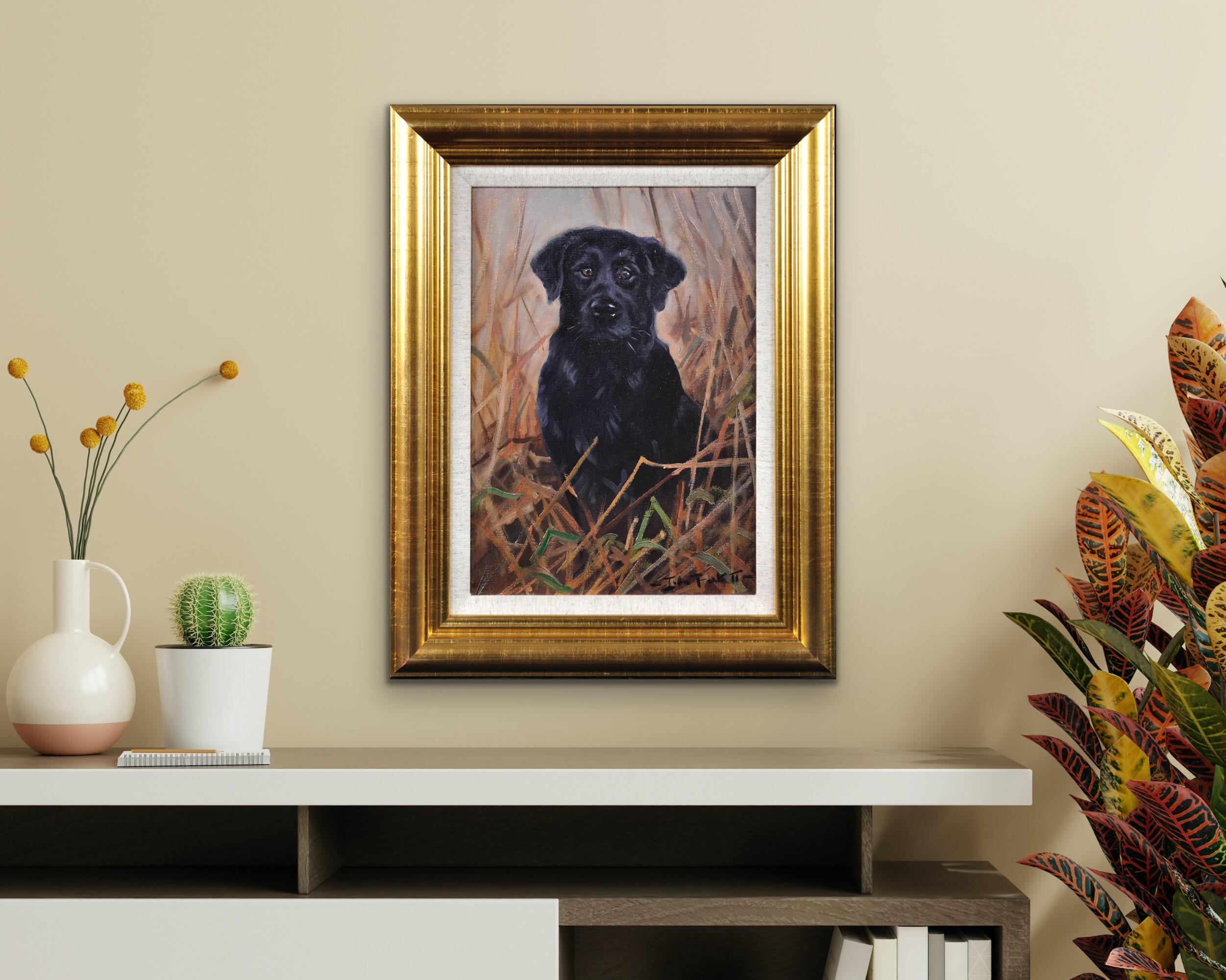 Pittura ad olio originale incorniciata di un Labrador nero in un campo del 20° secolo in vendita 6
