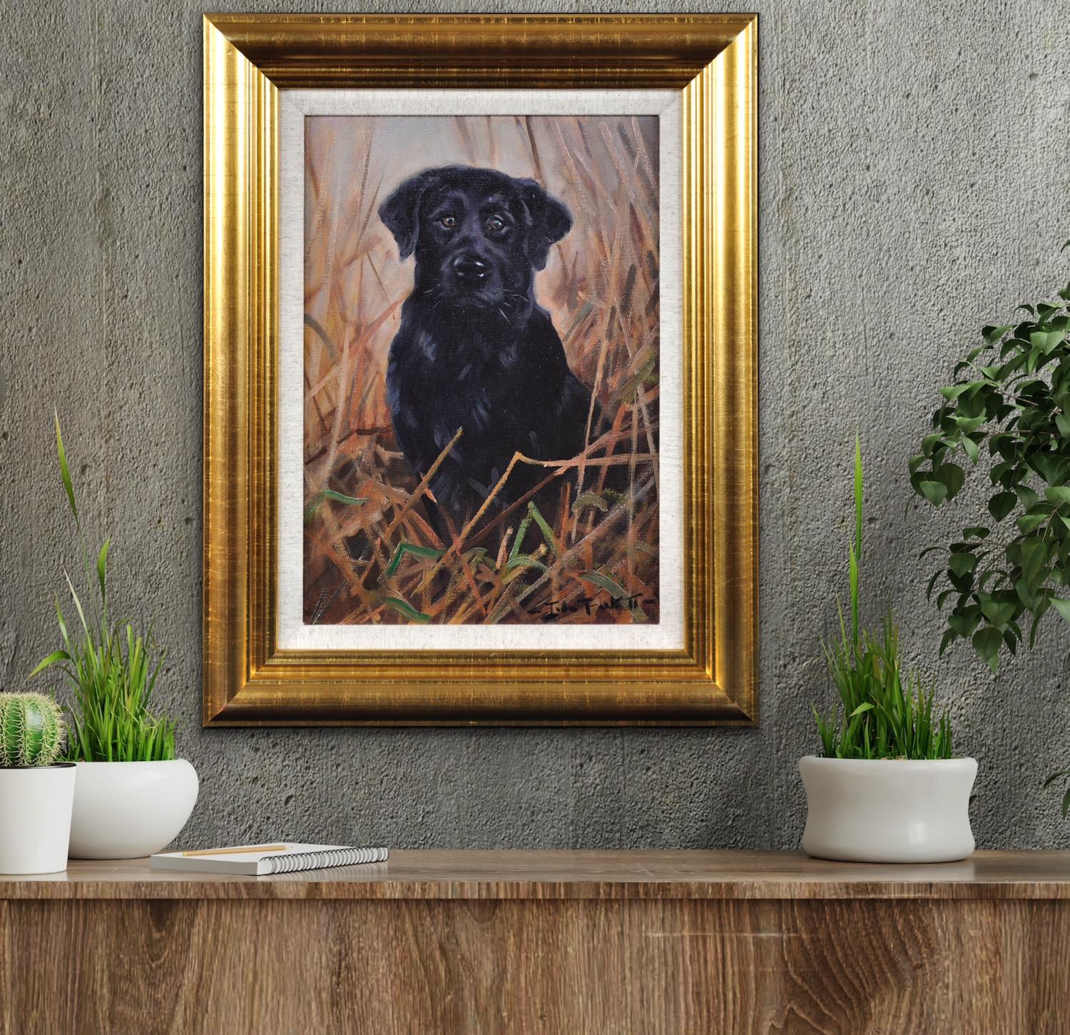 Pittura ad olio originale incorniciata di un Labrador nero in un campo del 20° secolo in vendita 8