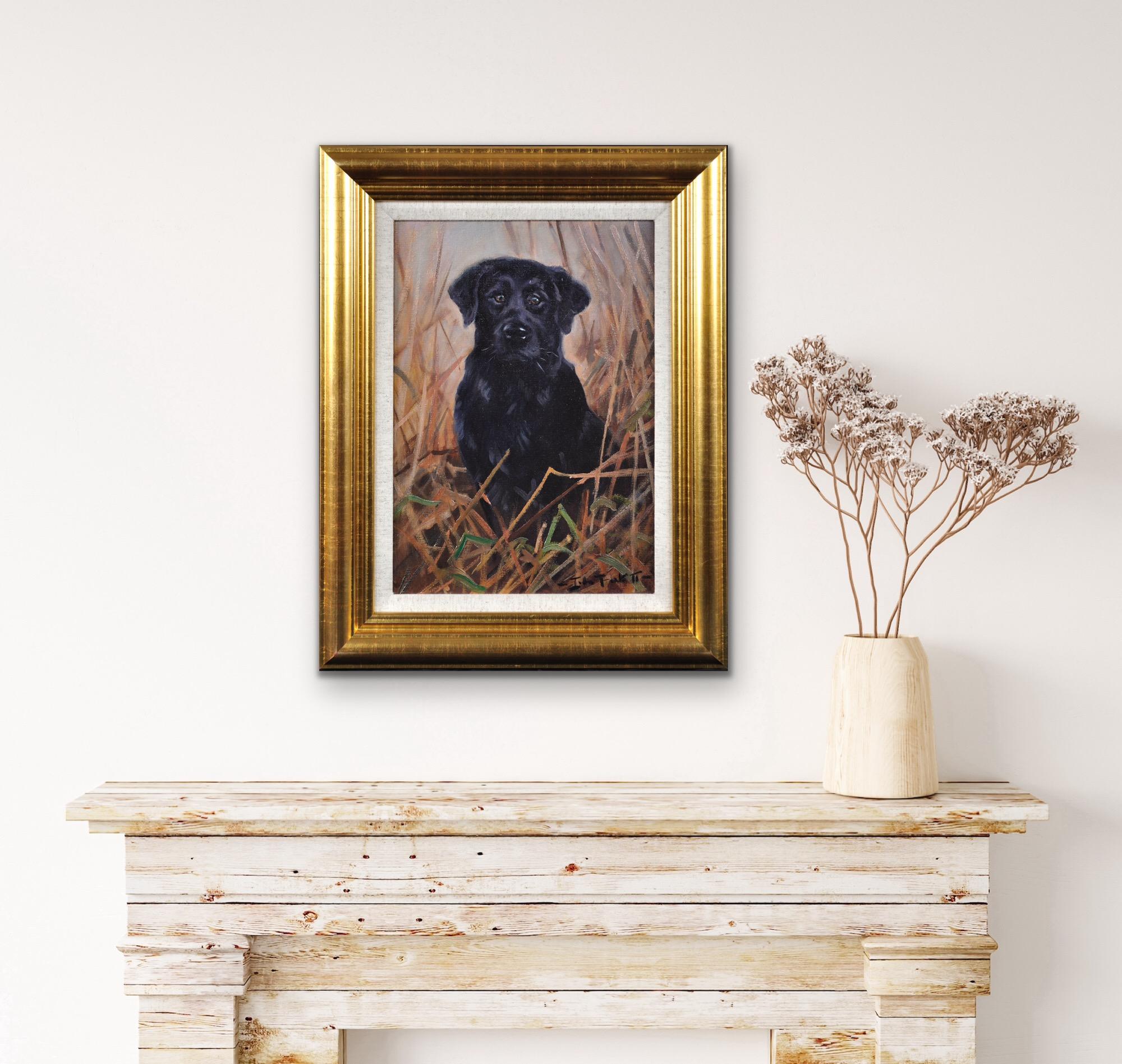 Pittura ad olio originale incorniciata di un Labrador nero in un campo del 20° secolo in vendita 10