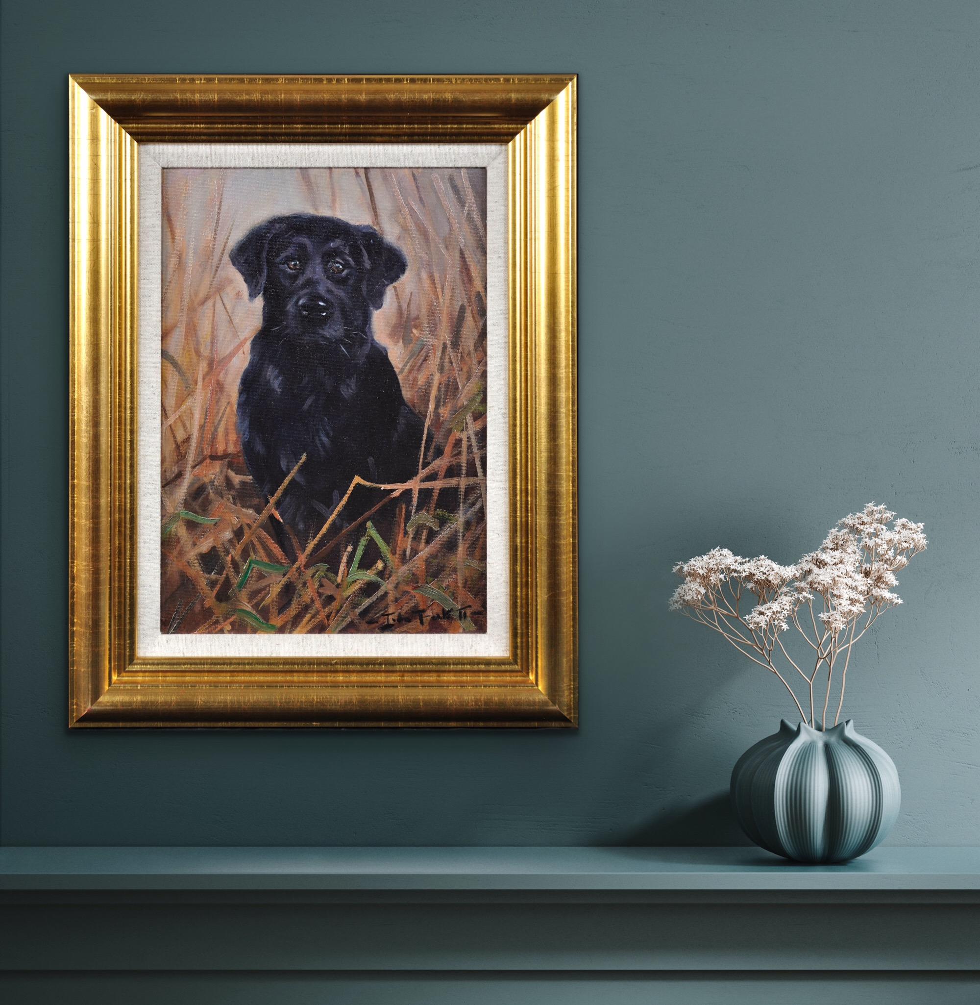 Pittura ad olio originale incorniciata di un Labrador nero in un campo del 20° secolo in vendita 11