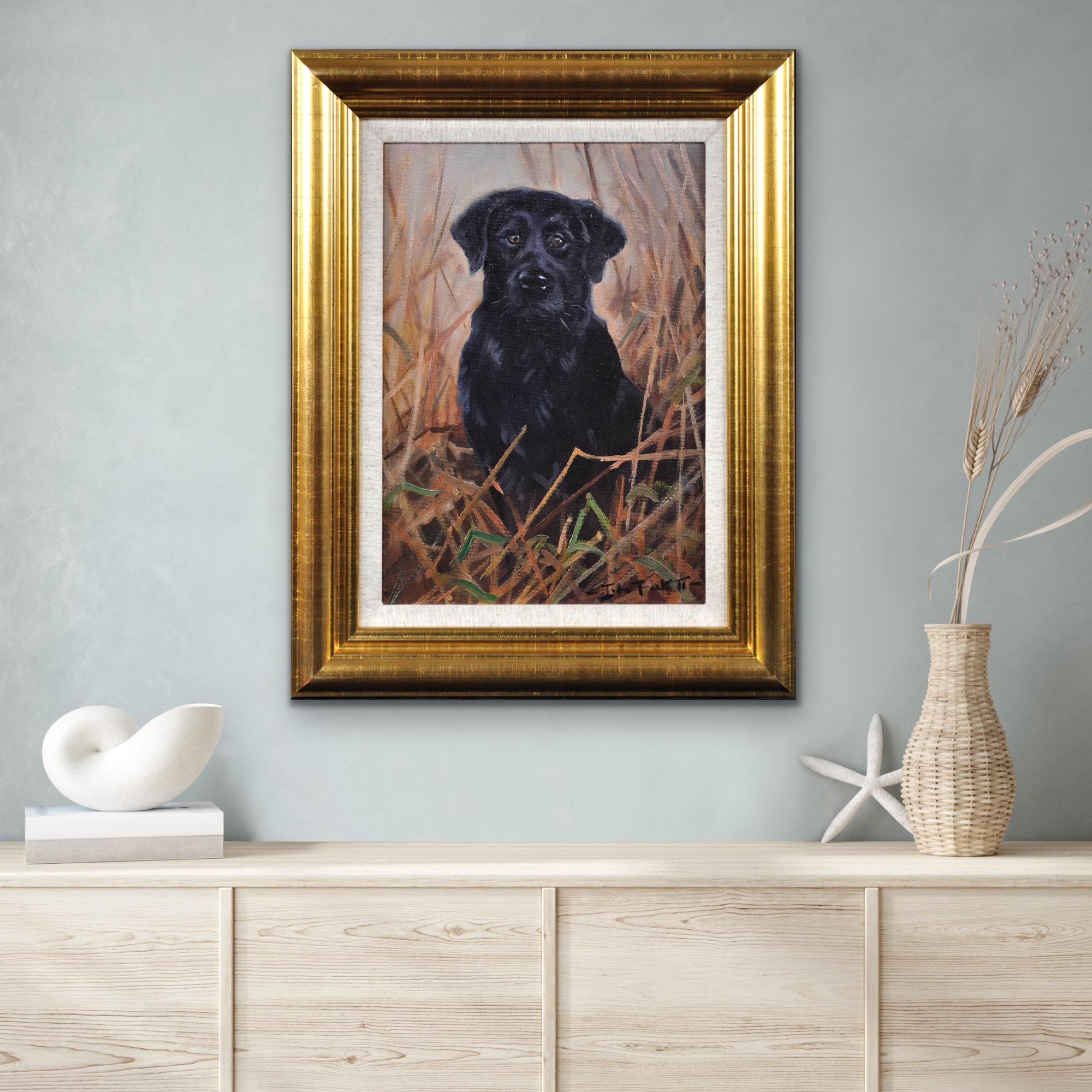 Pittura ad olio originale incorniciata di un Labrador nero in un campo del 20° secolo in vendita 3