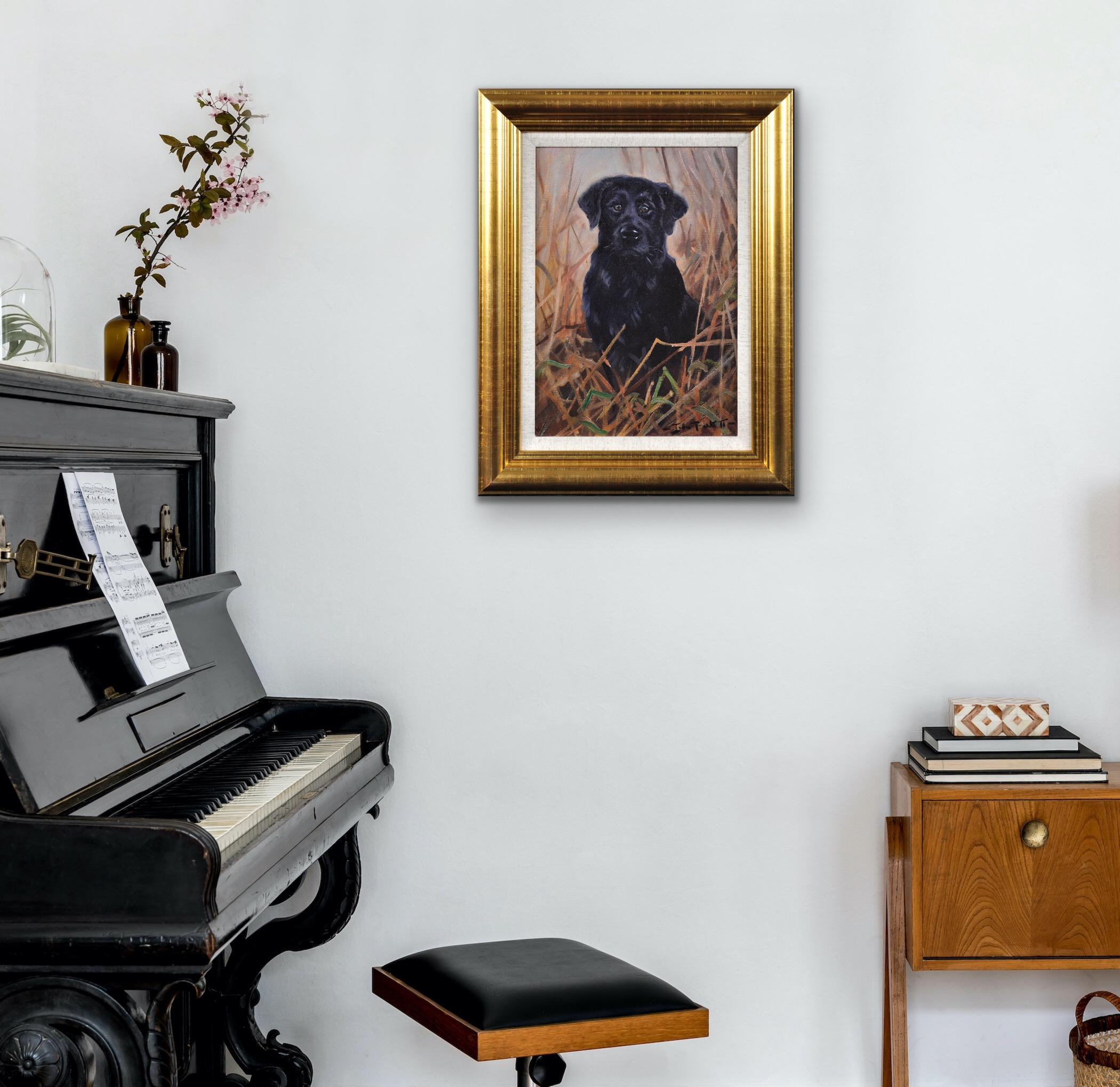 Pittura ad olio originale incorniciata di un Labrador nero in un campo del 20° secolo in vendita 4