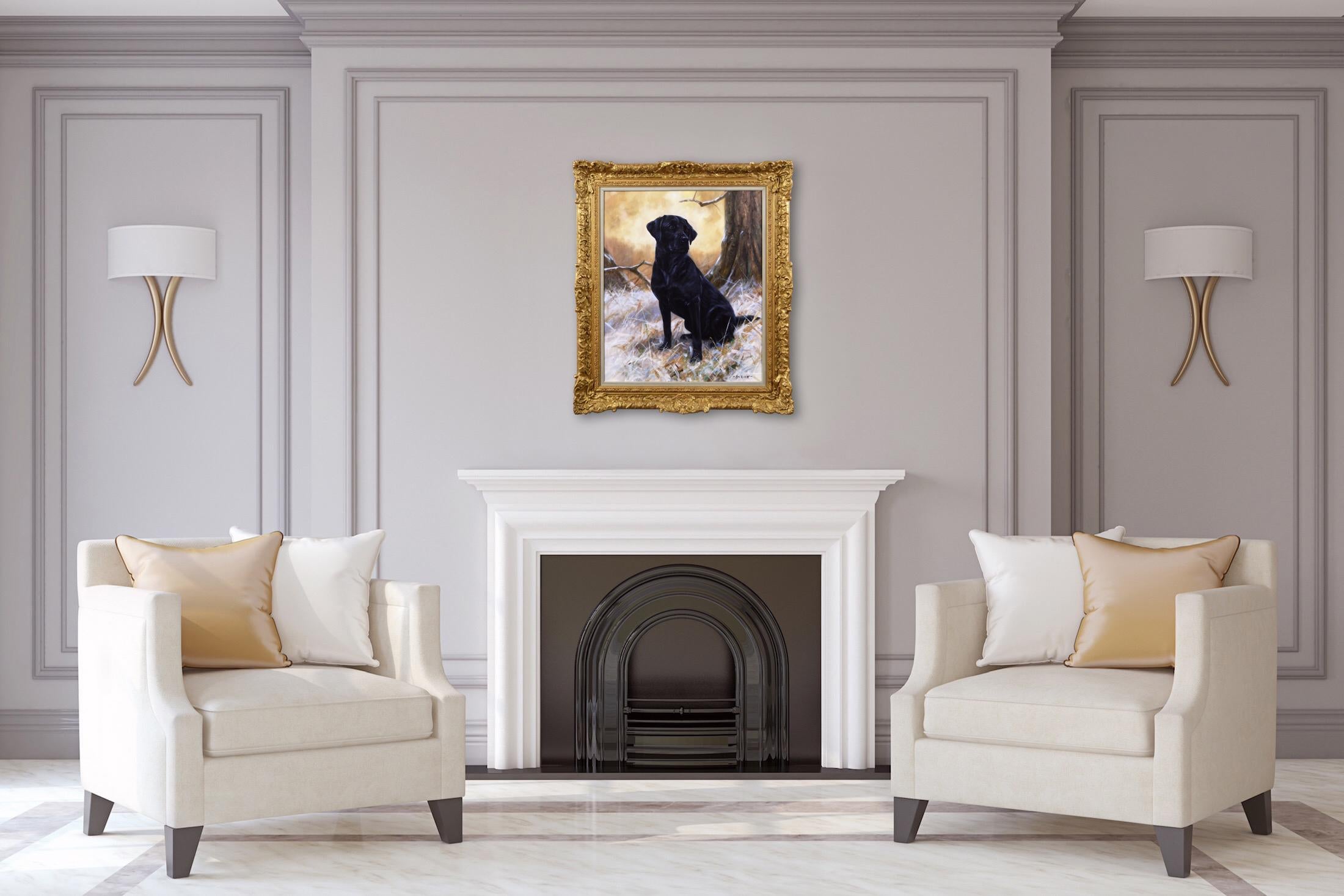 Dog portrait oil painting of a black labrador - Contemporary Painting by John Trickett