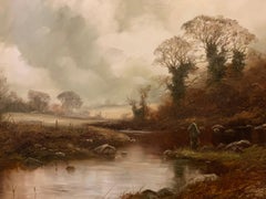 Grande peinture à l'huile originale de soirée de pêche à la mouche sur la rivière:: signée