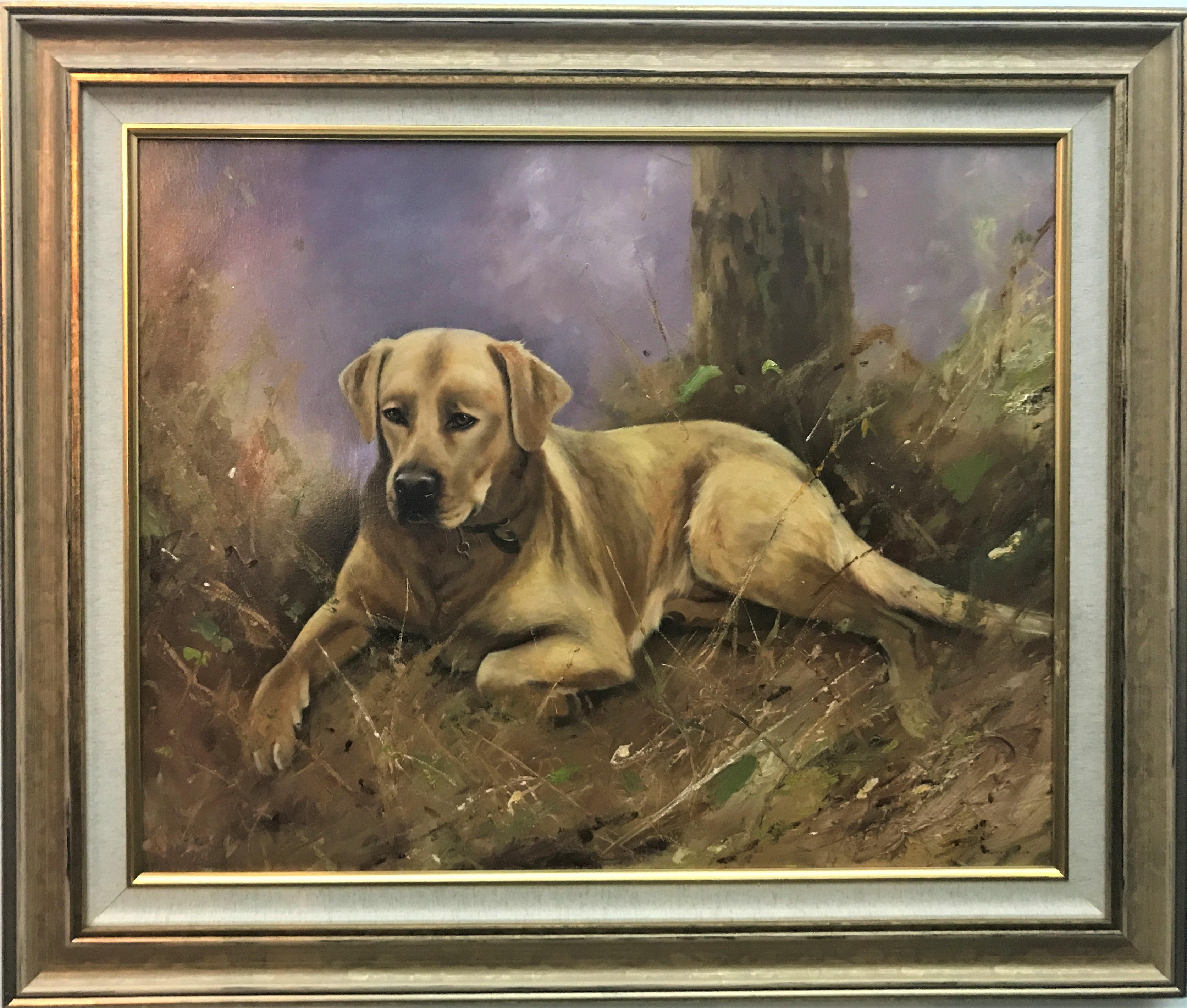 Golden Labrador Resting, original oil on canvas, 20thC British animal artist - Painting by John Trickett