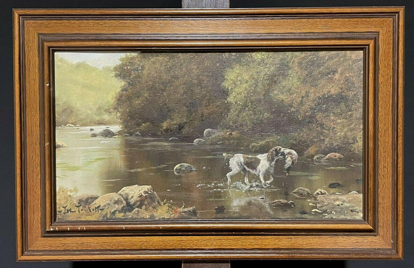 SIGNED ORIGINAL OIL - SPANIEL GUN DOG CARRYING GAME THROUGH RIVER LANDSCAPE - Painting by John Trickett