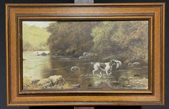SIGNED ORIGINAL OIL - SPANIEL GUN DOG CARRYING GAME THROUGH RIVER LANDSCAPE