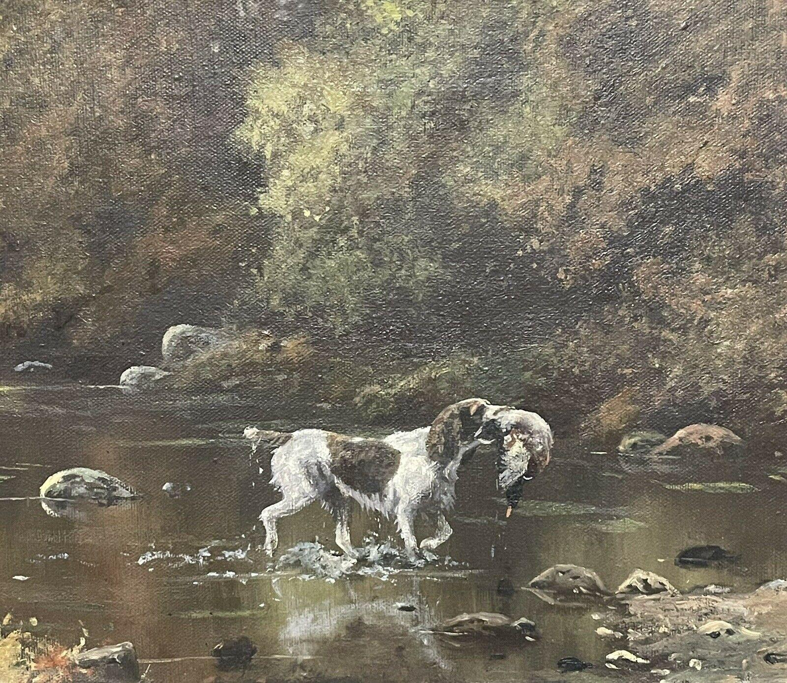 SIGNED ORIGINAL OIL - SPANIEL GUN DOG CARRYING GAME THROUGH RIVER LANDSCAPE - Gray Animal Painting by John Trickett