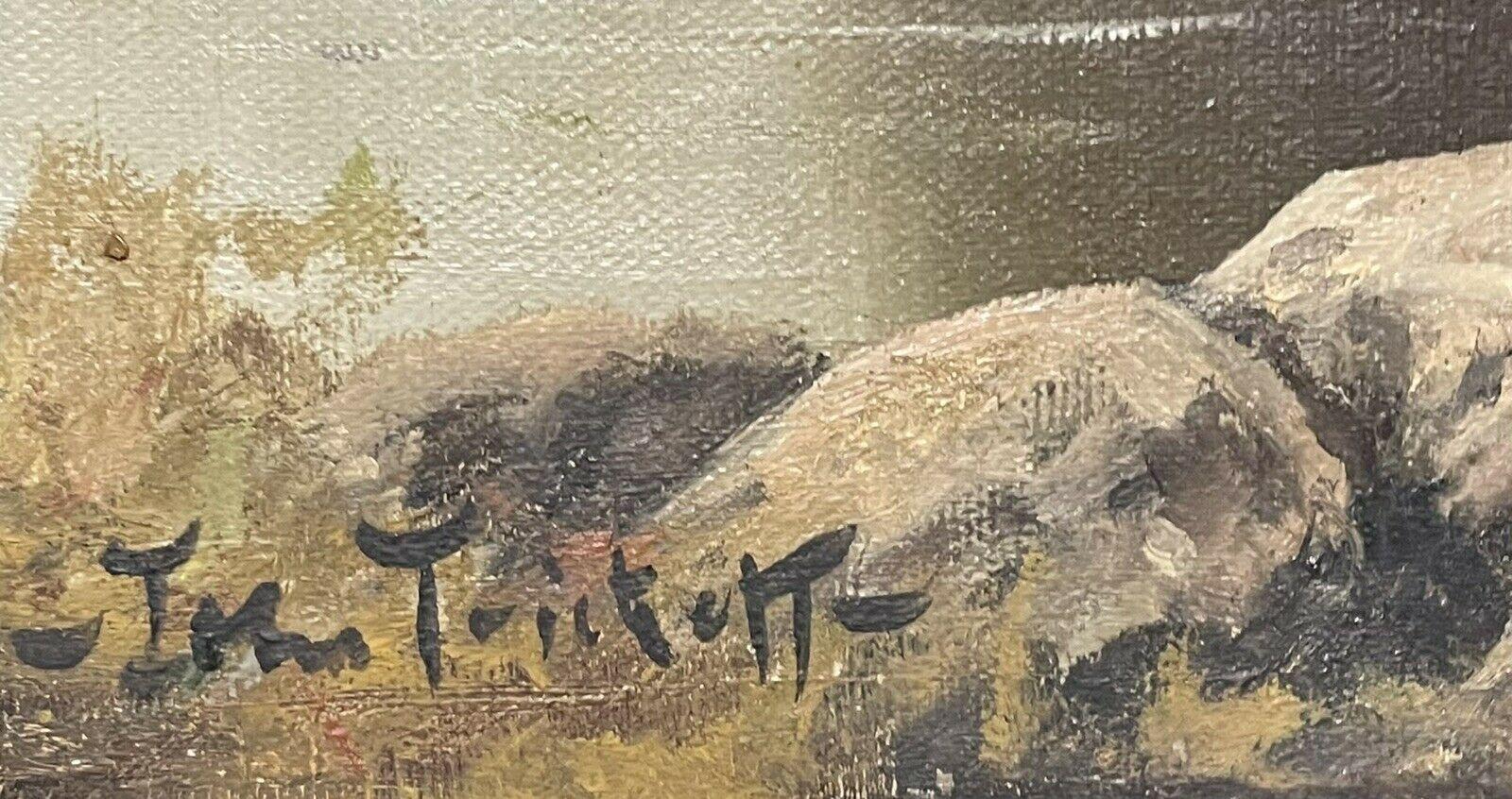 SIGNED ORIGINAL OIL - SPANIEL GUN DOG CARRYING GAME THROUGH RIVER LANDSCAPE 1