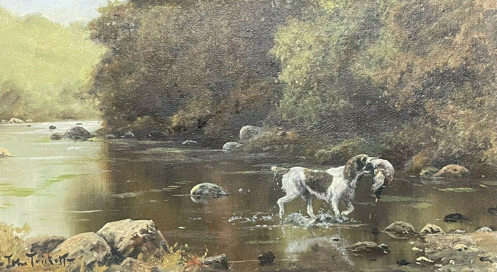 John Trickett Animal Painting - SIGNED ORIGINAL OIL - SPANIEL GUN DOG CARRYING GAME THROUGH RIVER LANDSCAPE