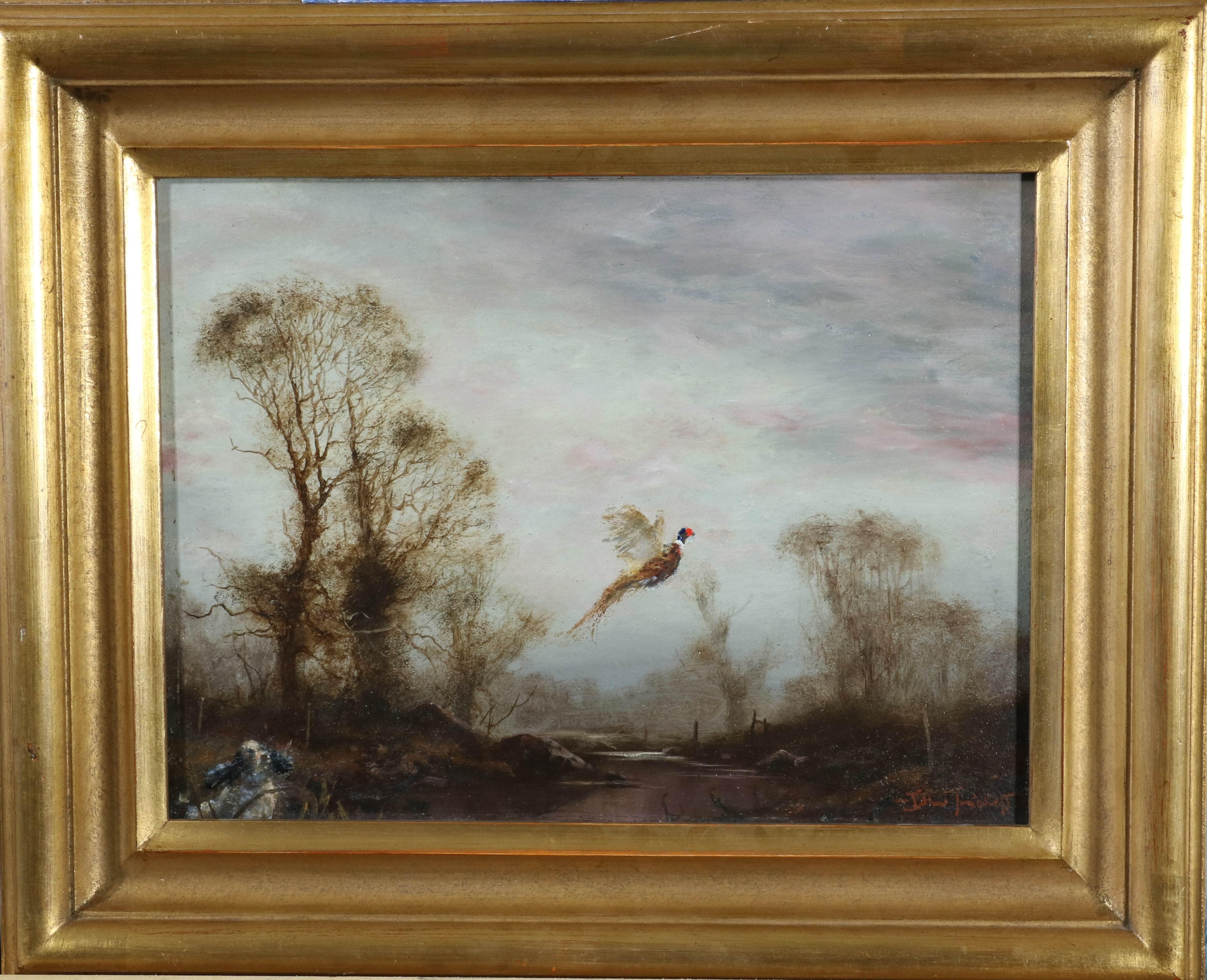 Chien de chasse à l'épagneul débusquant des faisans dans les bois - Peinture à l'huile encadrée - Post-impressionnisme Art par John Trickett