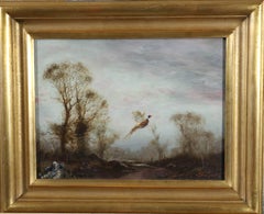 Modern Landscape Oil Painting of Spaniel Hunting Dog Flushing Pheasants in wood