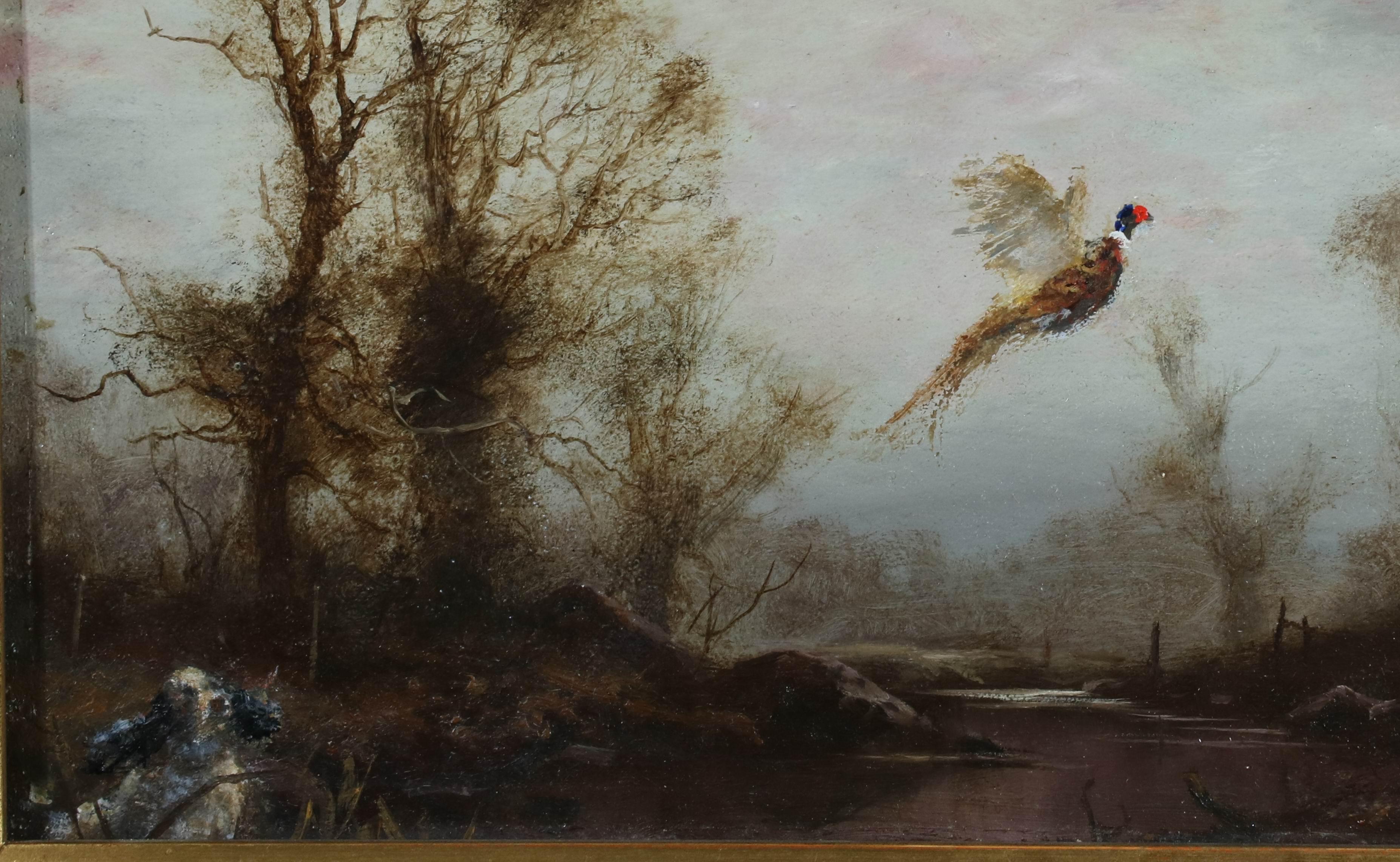 Spaniel Hunting Dog Flushing Pheasants in woods - Framed oil painting - Art by John Trickett