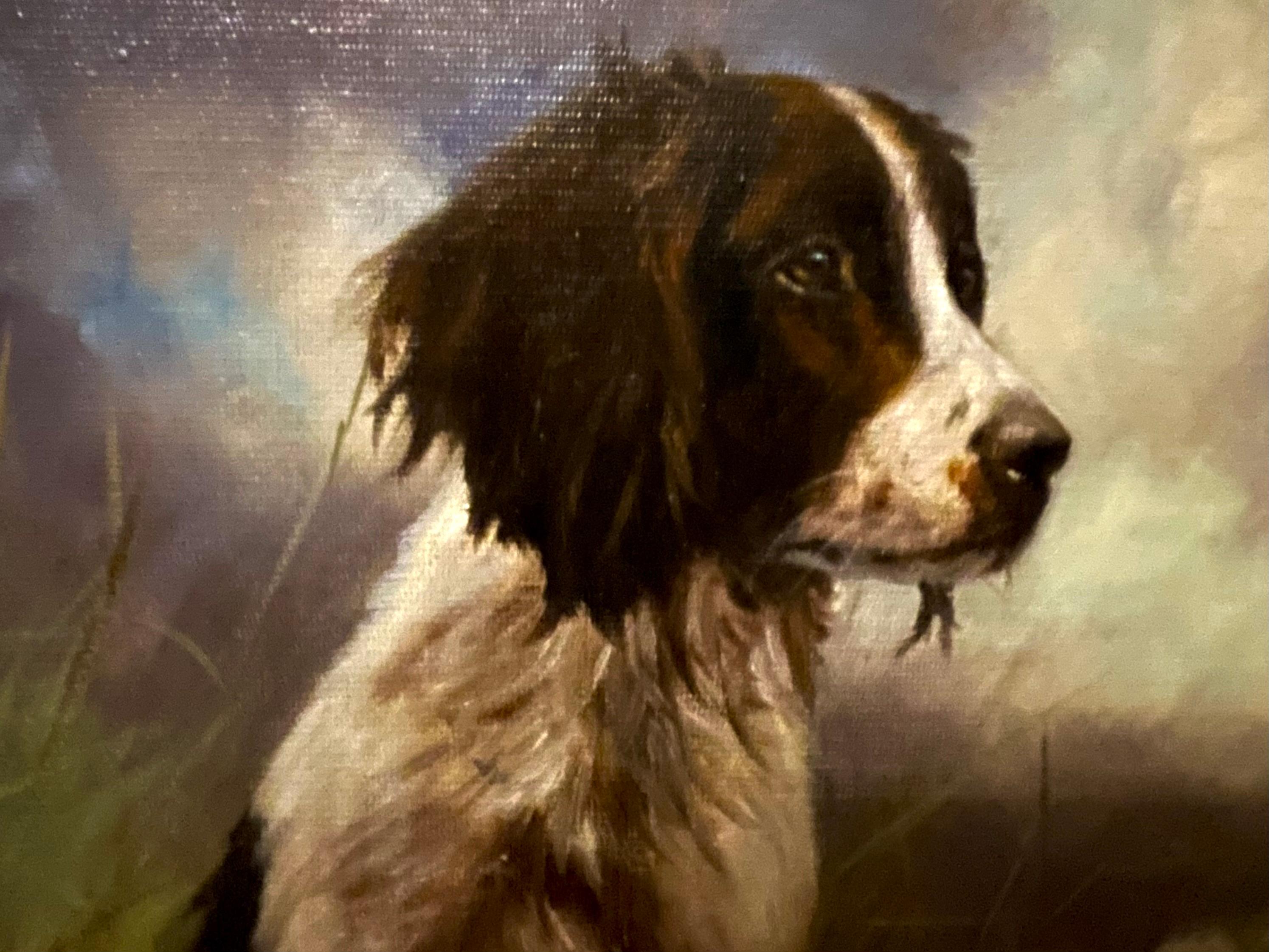 Springer Spaniel in Winter, Oil 20th century - Brown Landscape Painting by John Trickett