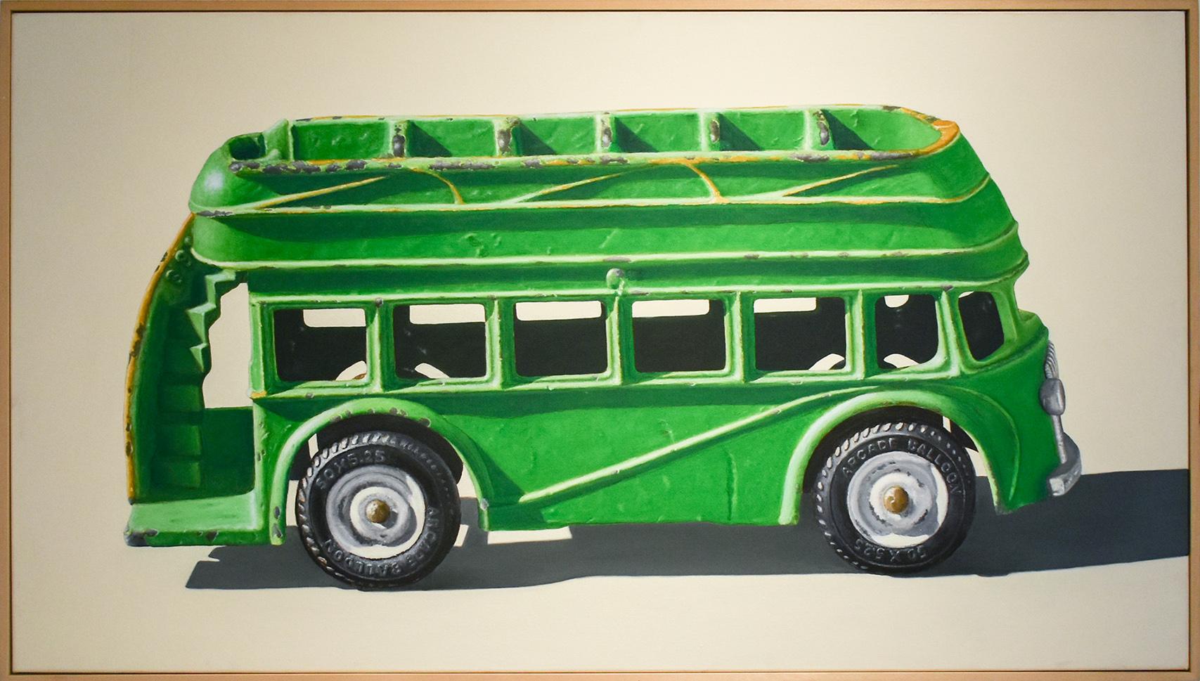 Green Bus (Vivid Realist Oil on Canvas of VW Van on White Background) - Painting by John Tully Geyer